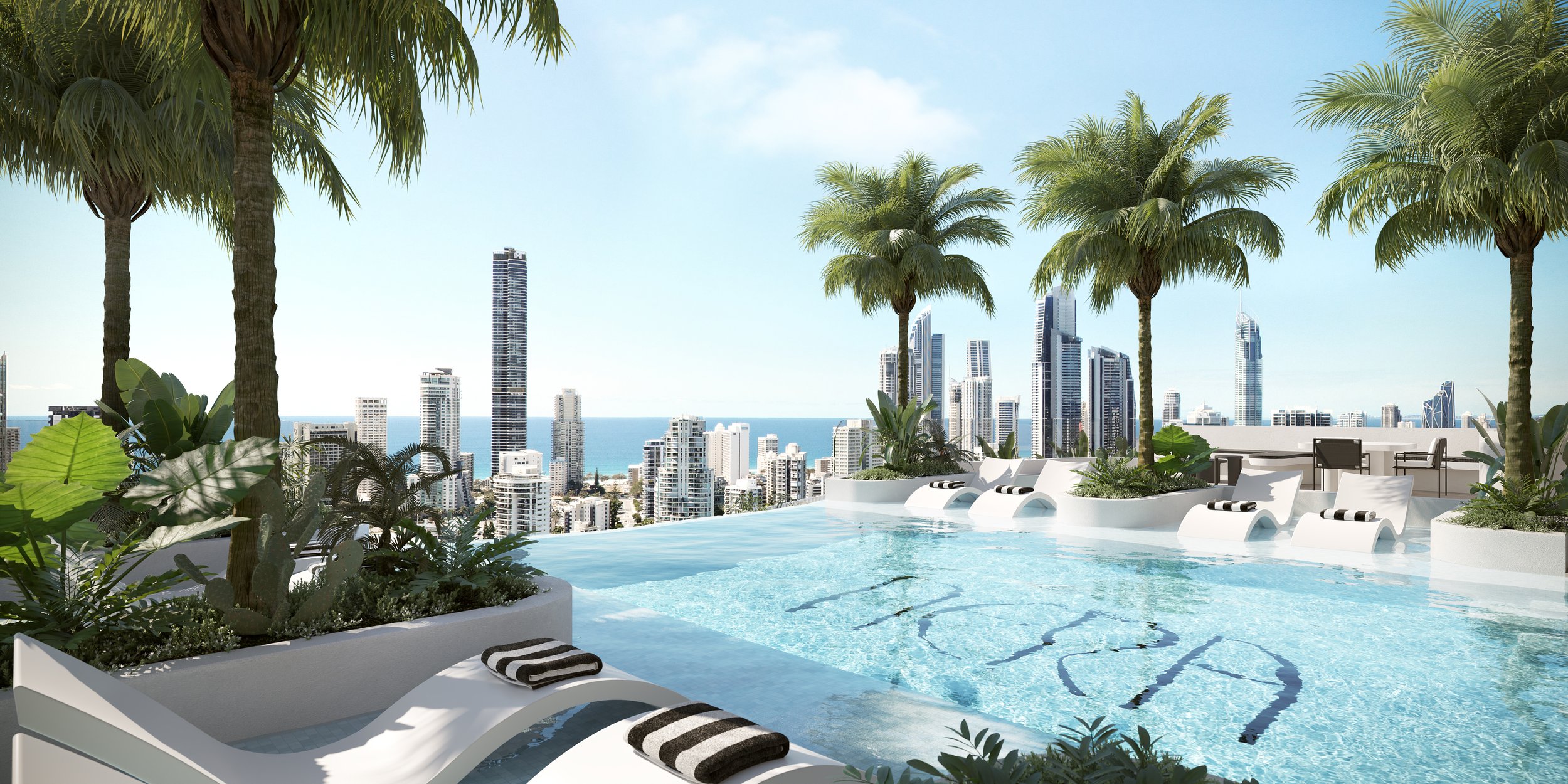 Rooftop pool with city skyline and ocean in the background, surrounded by palm trees and modern lounge chairs.