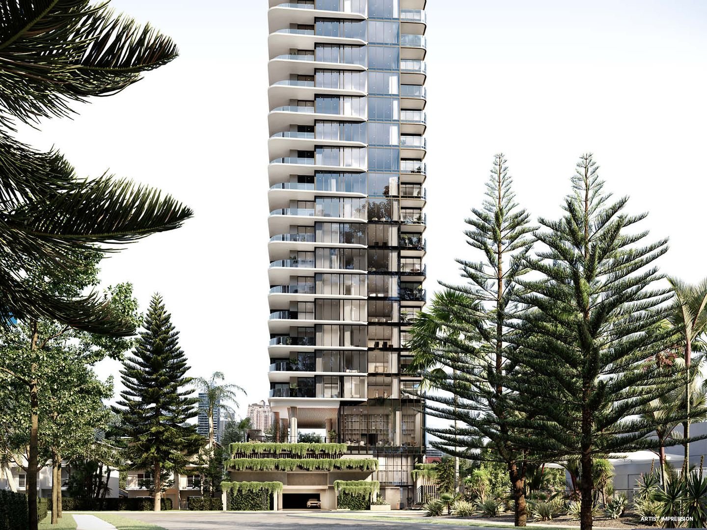 Modern high-rise building with glass balconies surrounded by pine trees and greenery on a sunny day.