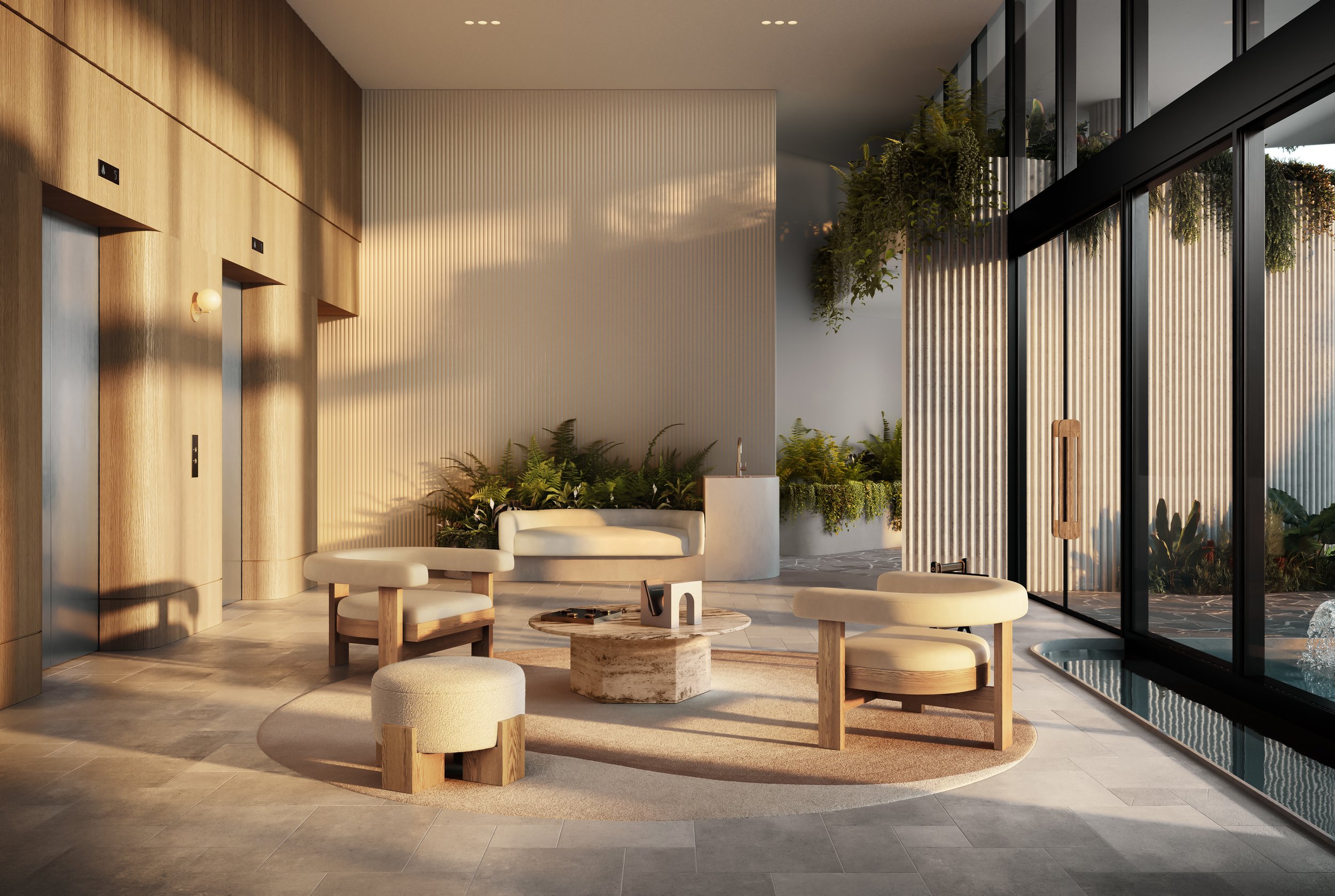 Modern lobby with wooden elevators, beige seating, and indoor plants, featuring large windows and natural light.
