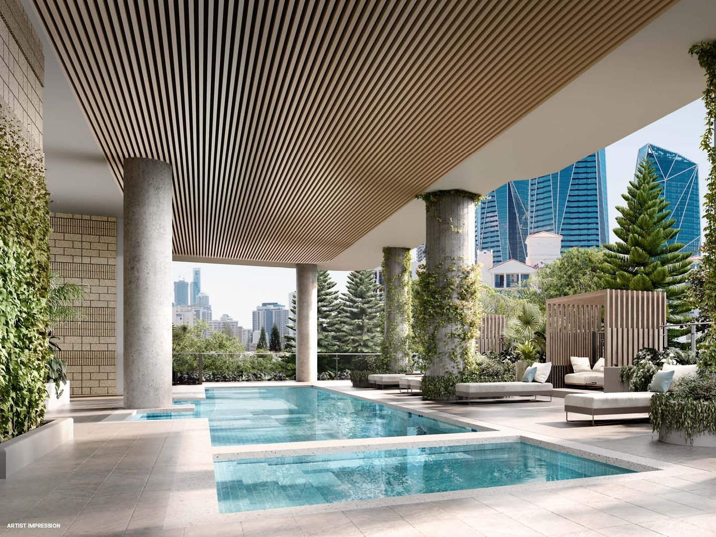 Luxury outdoor pool area with modern architecture, featuring a slatted wood ceiling, lush greenery, lounge chairs, and city skyline in the background.