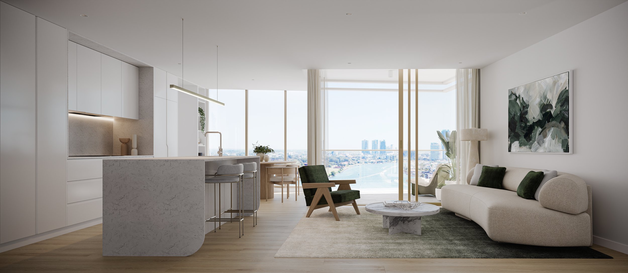 Modern open-plan kitchen and living room with minimalistic decor, featuring a sleek kitchen island, bar stools, wooden dining table, beige sofa, green armchair, and large abstract painting. Floor-to-ceiling windows provide a view of a city and waterw
