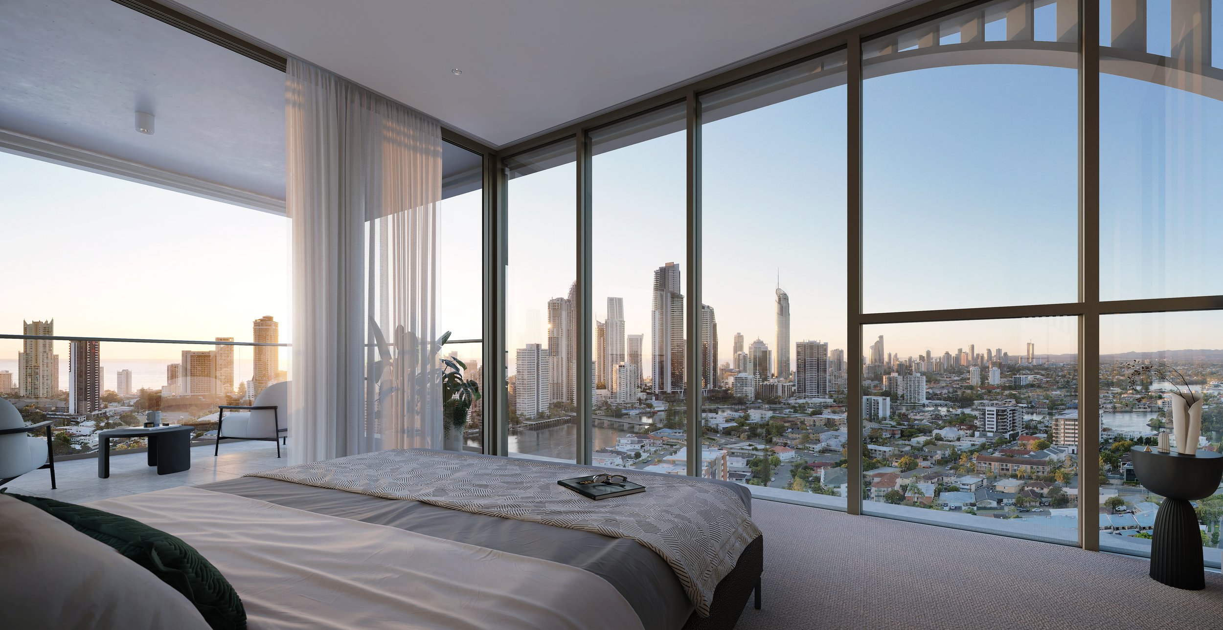 Luxurious bedroom with floor-to-ceiling windows offering a panoramic city skyline view, featuring modern furniture, elegant decor, and a serene atmosphere.