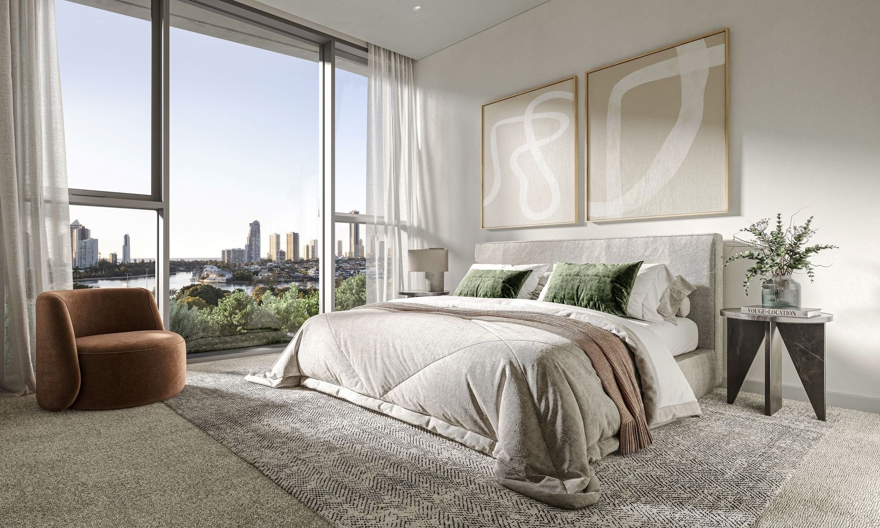 Modern bedroom with large windows, beige bed, green pillows, abstract wall art, brown chair, and cityscape view.
