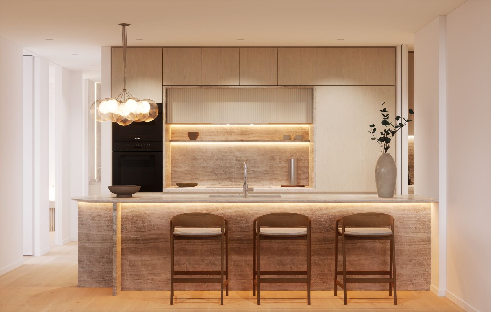 Modern minimalist kitchen interior with an island, pendant lighting, and bar stools.