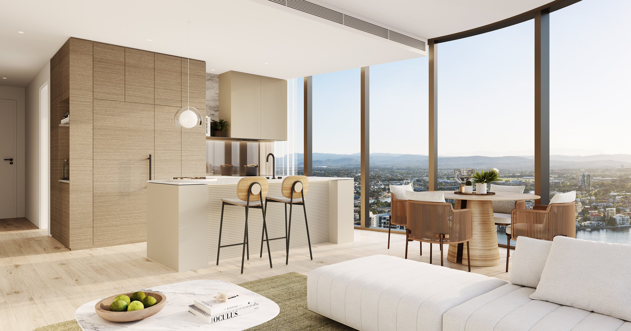 Modern open-plan living space with kitchen, dining, and seating area, featuring large windows with city and mountain views, and minimalist decor.