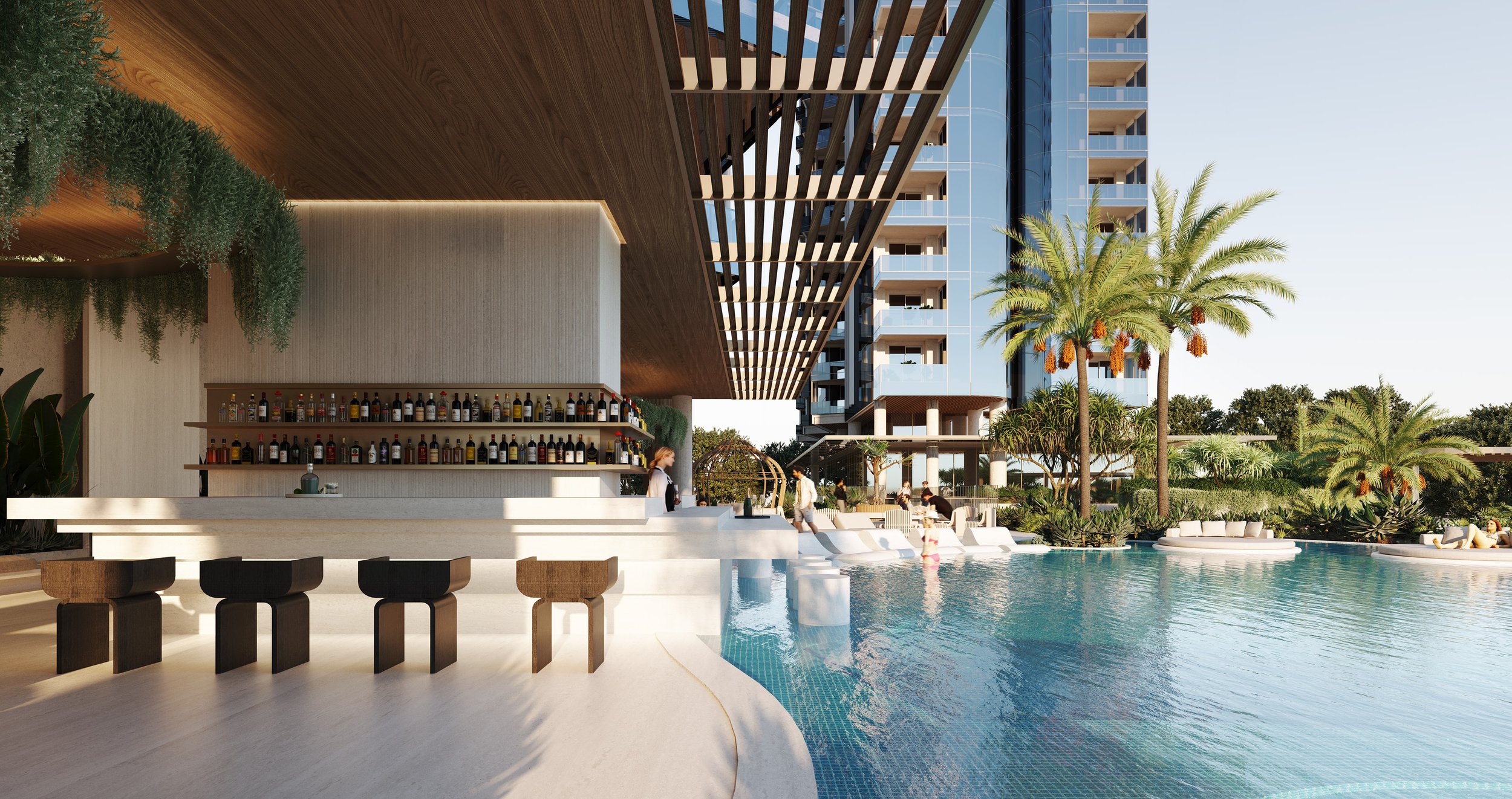 Luxury poolside bar with stools, modern architecture, palm trees, and a building in the background.