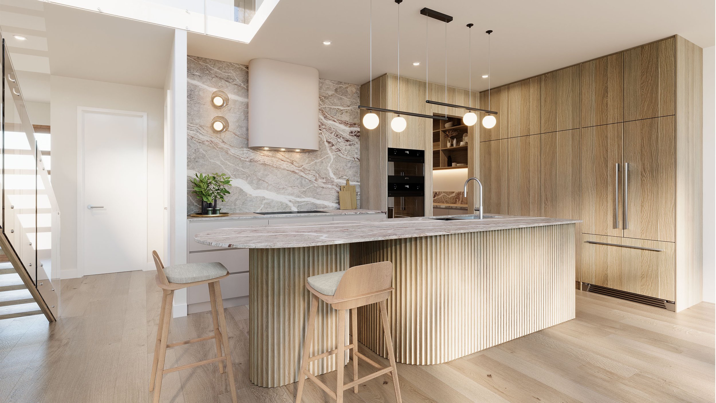 Modern kitchen interior with a marble island, wooden cabinets, pendant lights, and a potted plant, featuring minimalistic decor and natural lighting.