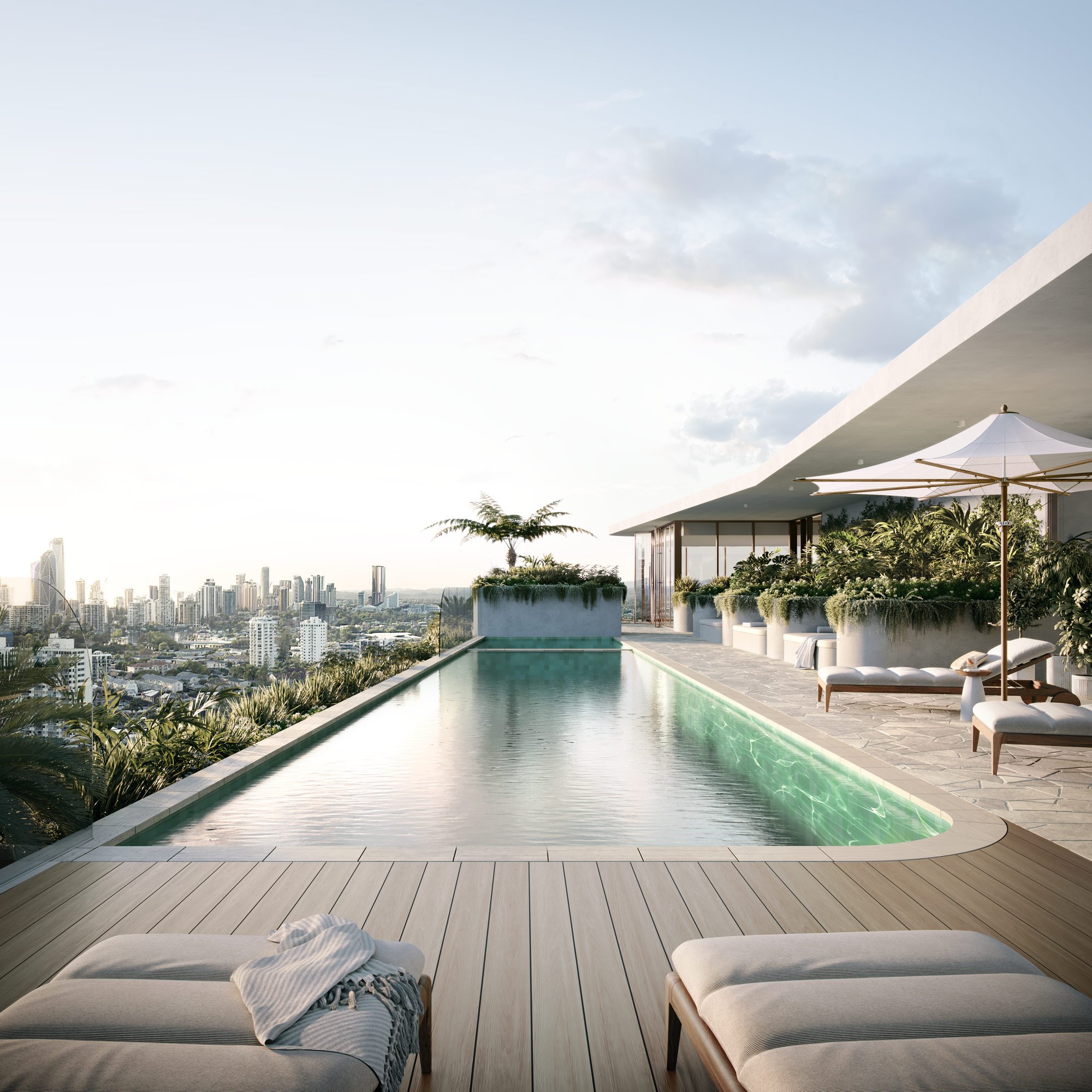 Rooftop infinity pool with city skyline view, surrounded by white lounge chairs and umbrellas, lush greenery, modern design.