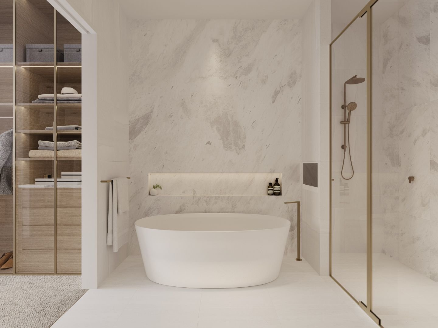 Modern bathroom with a freestanding tub, glass-enclosed shower, marble walls, and a wooden shelving unit.