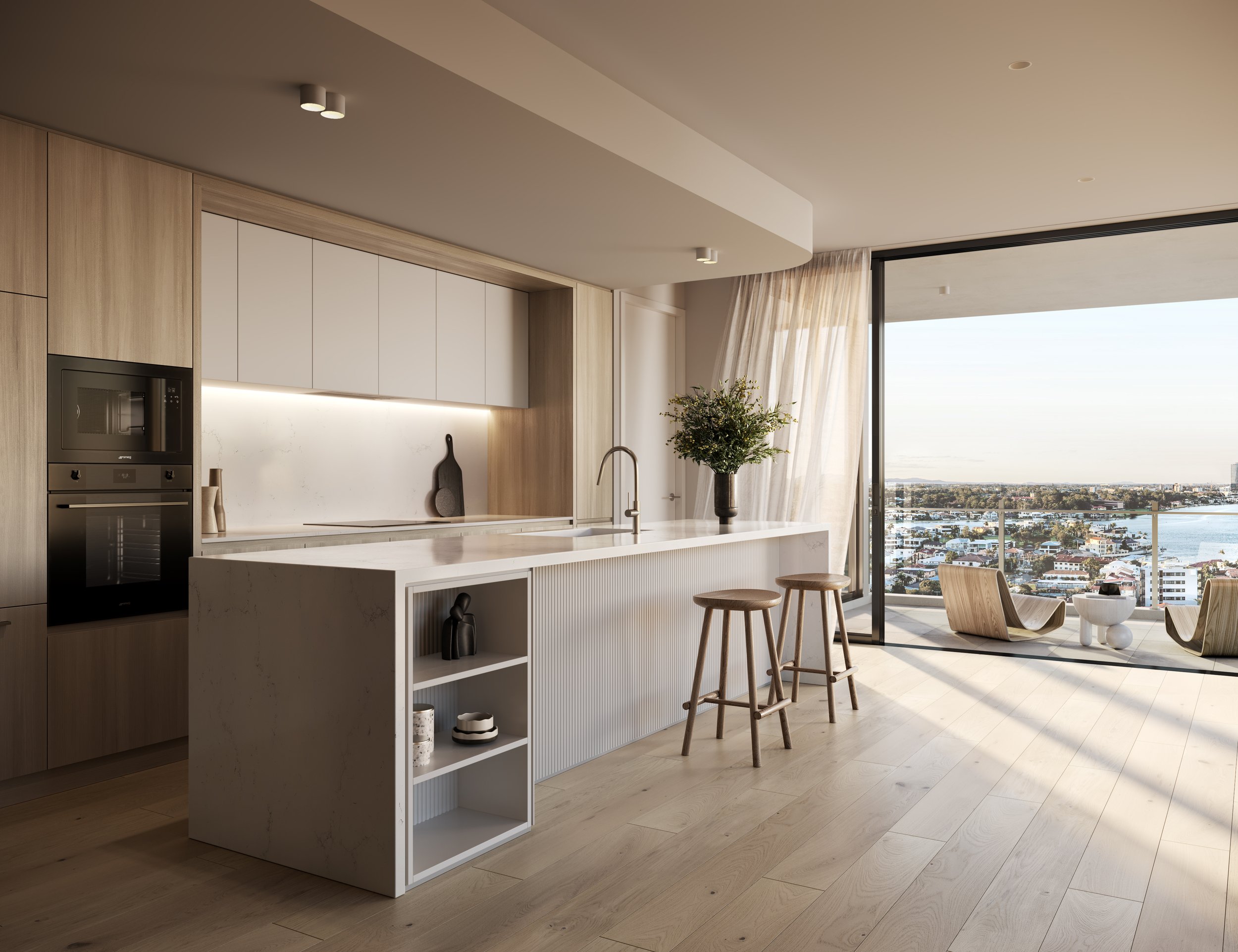 Modern kitchen with white countertops, wooden cabinets, and built-in appliances, featuring a large island with stools. Floor-to-ceiling windows offer a view of a balcony with chairs and a cityscape beyond.