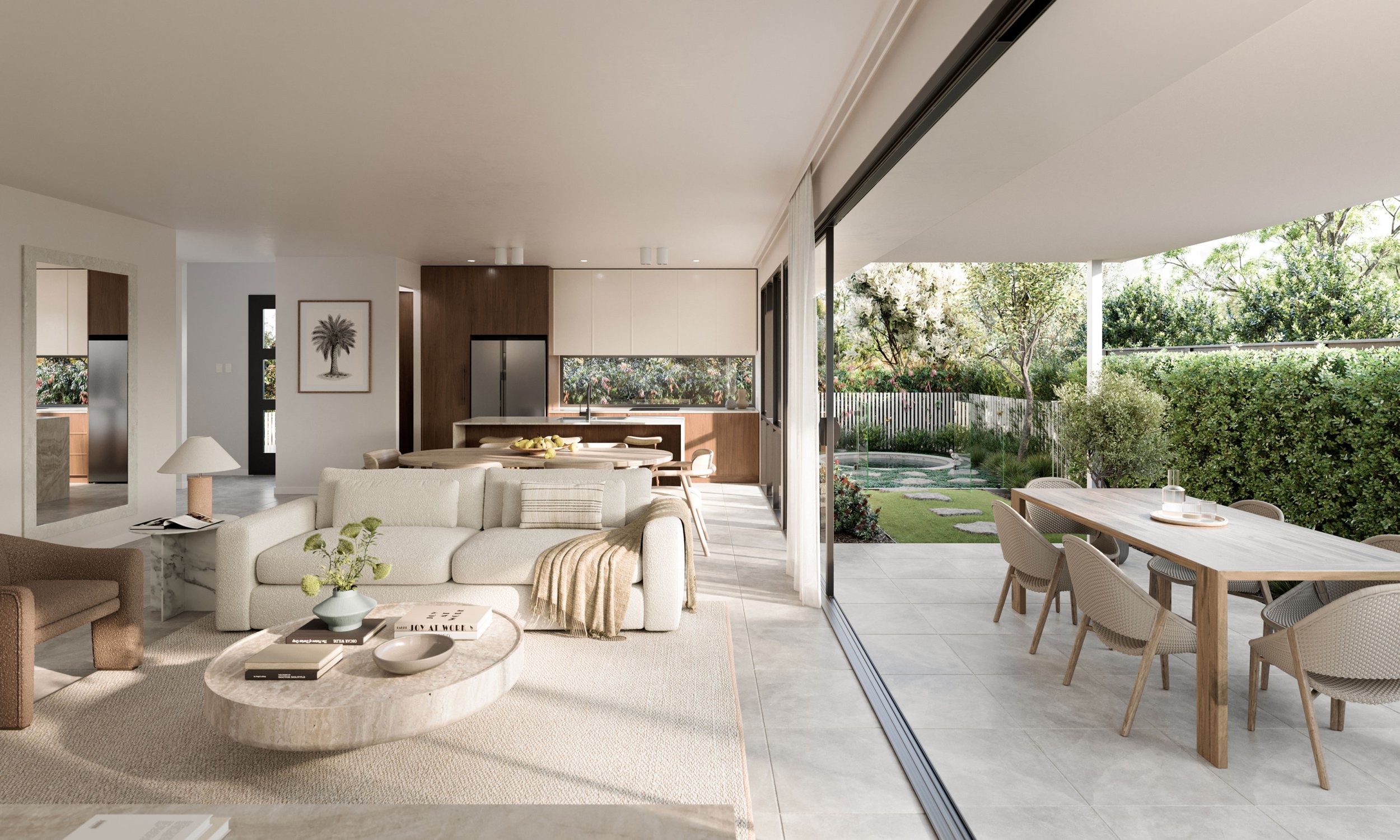 Modern living room with beige furniture, large sliding glass doors leading to an outdoor patio, dining area, and garden view. Light-filled space with a cozy atmosphere, open kitchen, and wooden accents.