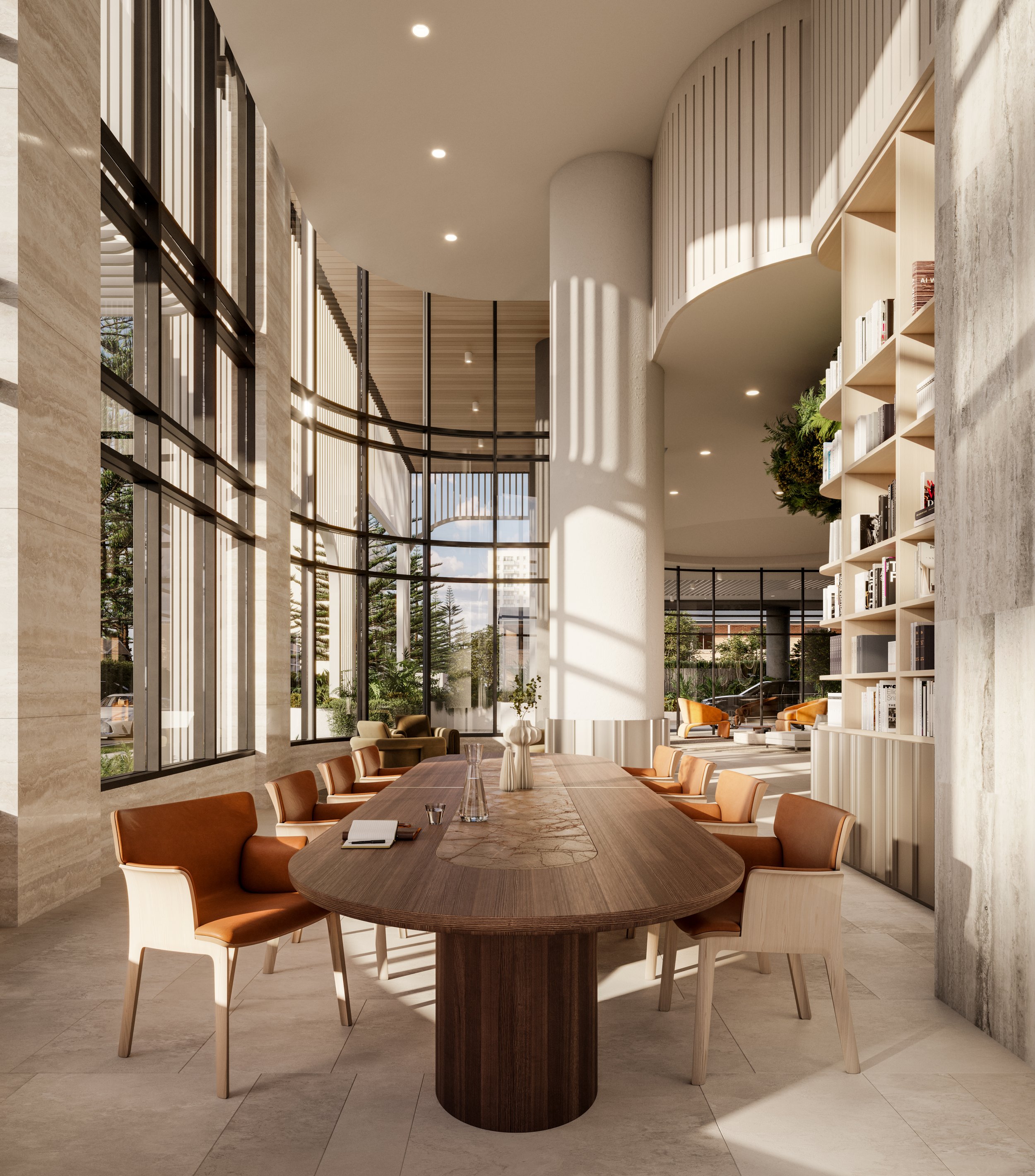 Modern library interior with tall windows, a long wooden table, several tan chairs, bookshelves, and soft natural light.