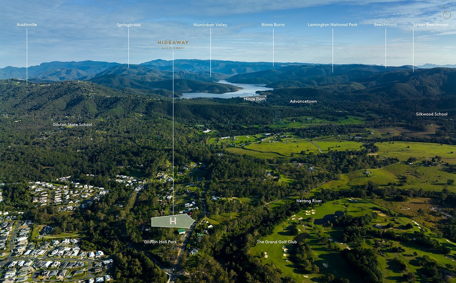 Aerial view of a landscape with labels indicating locations such as Austinville, Springbrook, Numinbah Valley, Hinze Dam, Advancetown, and Lamington National Park. Visible features include mountains, forests, water bodies, open fields, a golf club, a