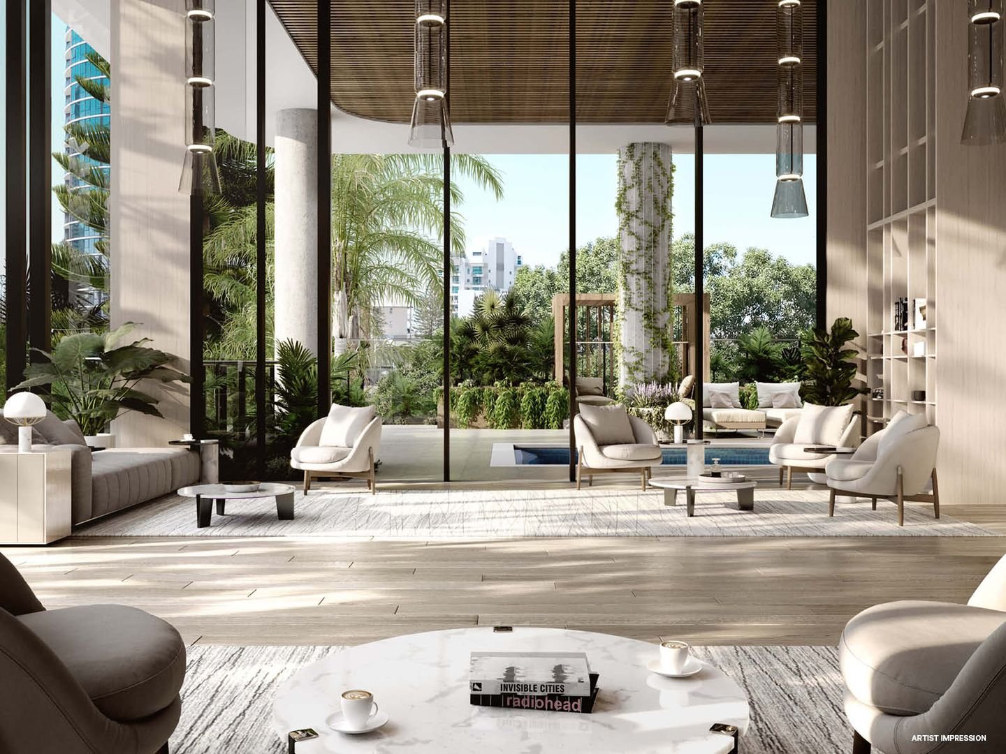 Luxurious modern living room with large windows, stylish furniture, and greenery visible outside. Features include several comfortable chairs, a marble coffee table, and elegant hanging lights. The space is bright and filled with natural light.