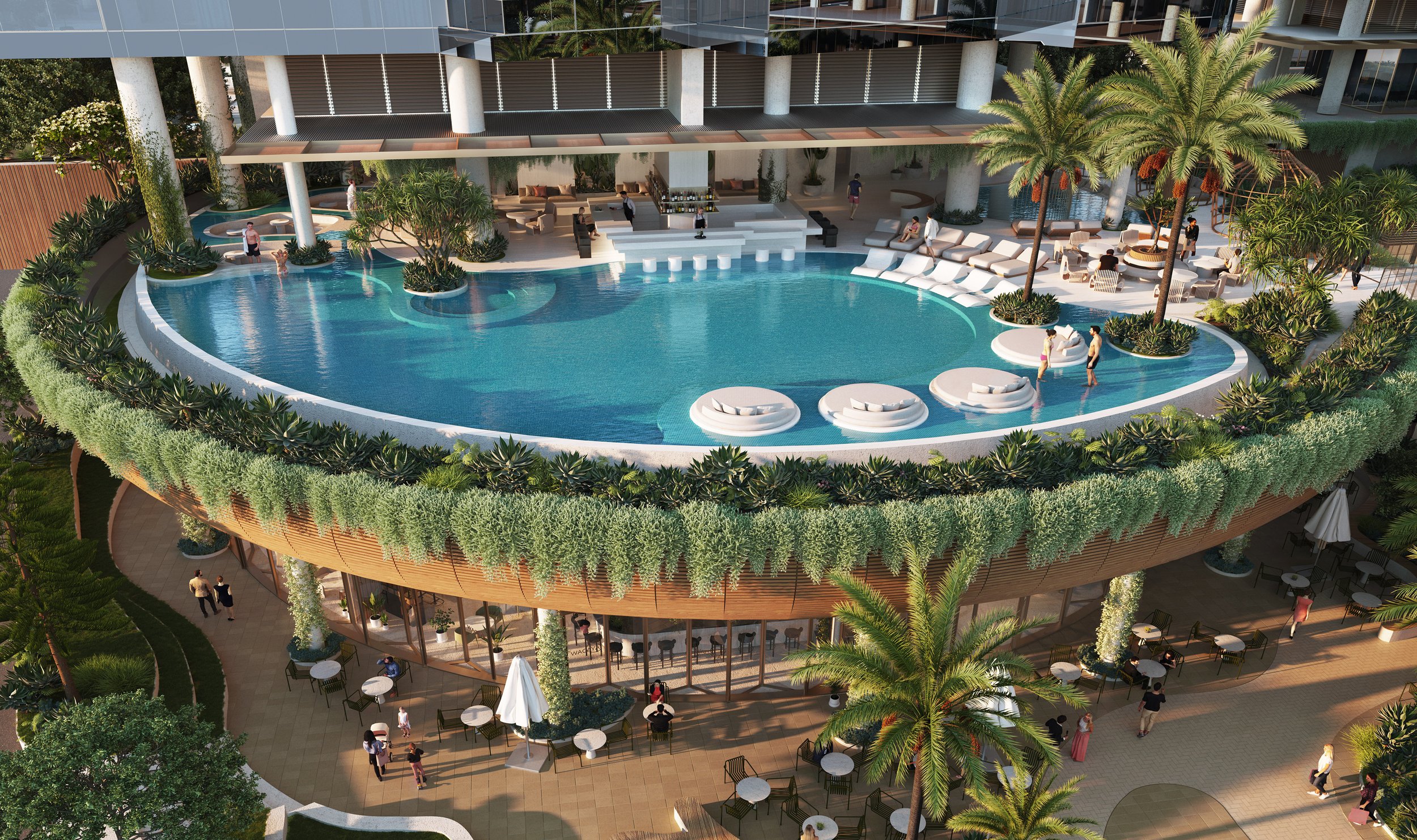 Luxurious rooftop pool terrace with sun loungers, palm trees, and surrounding greenery, featuring a bar area and several people enjoying the space.