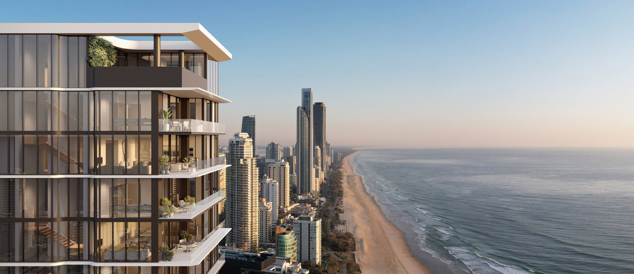 Modern beachfront high-rise apartments with ocean view.