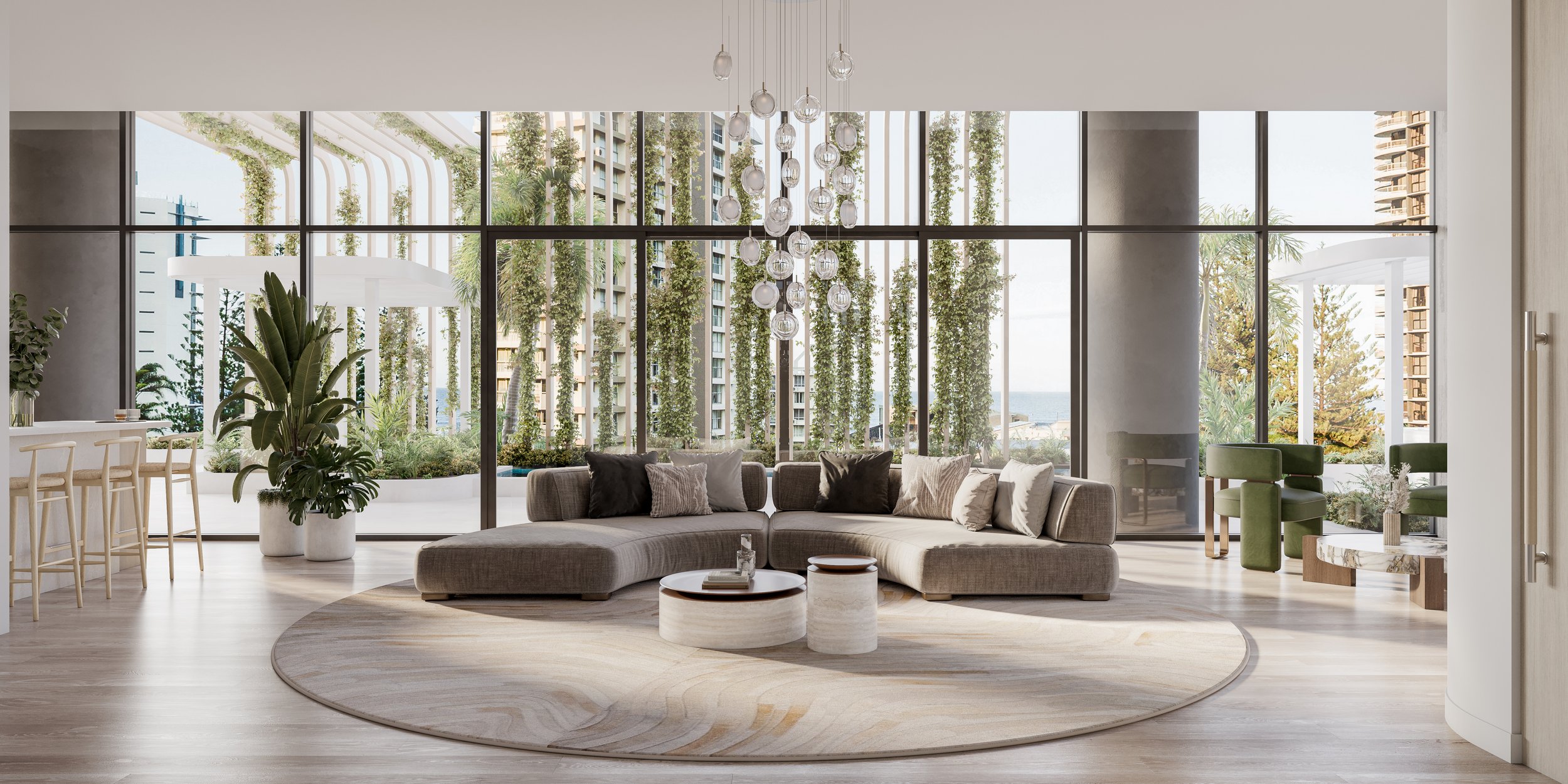 Modern living room with large windows, sectional sofa, circular rug, high ceiling, hanging glass lights, indoor plants, and view of greenery and buildings.