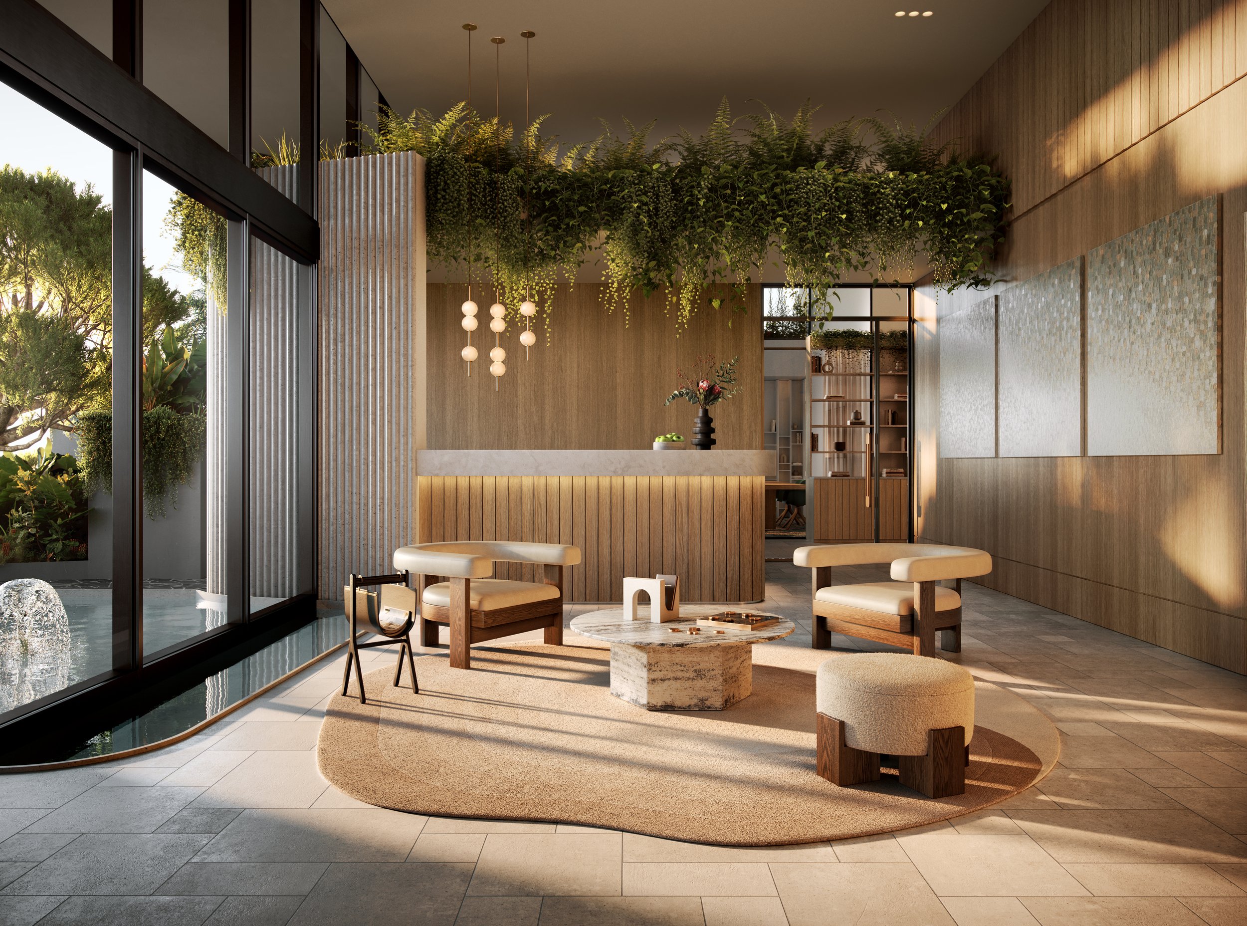Modern lobby interior design with wooden paneling, hanging plants, contemporary seating, circular rug, stone coffee table, pendant lights, and large windows overlooking an outdoor water feature and greenery.