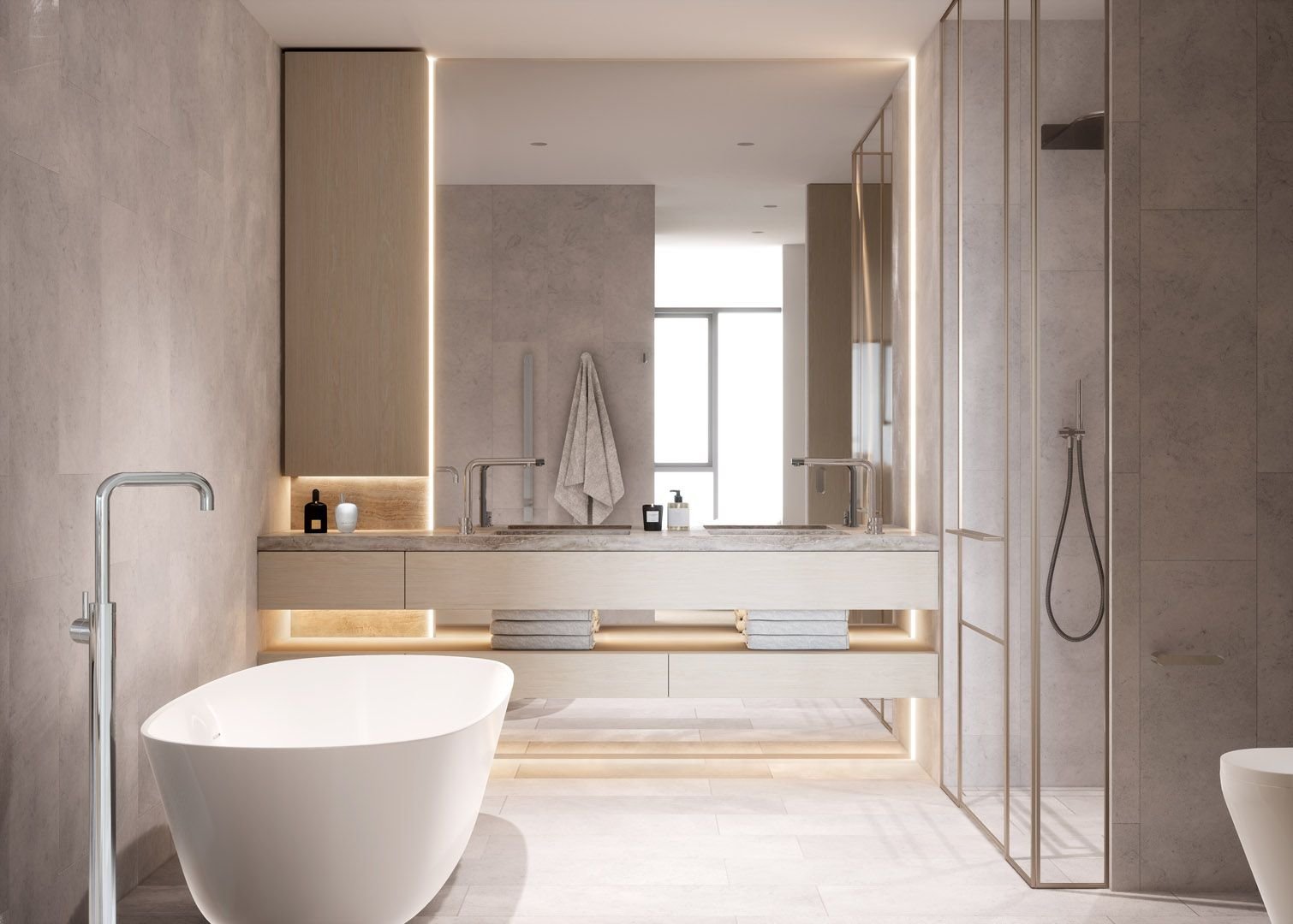 Modern bathroom with freestanding bathtub, double vanity with mirrors, towel hanging, and walk-in shower with glass enclosure.