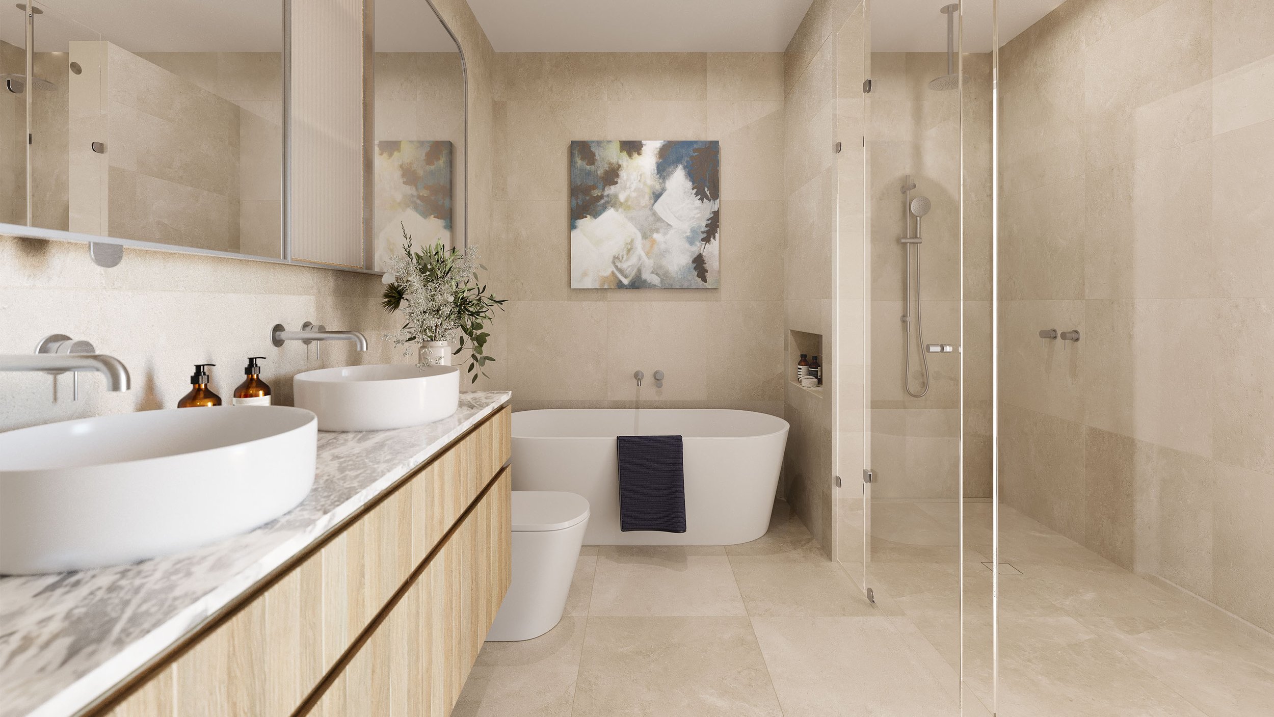 Modern bathroom with a freestanding tub, glass shower, double sinks, and beige tiles.
