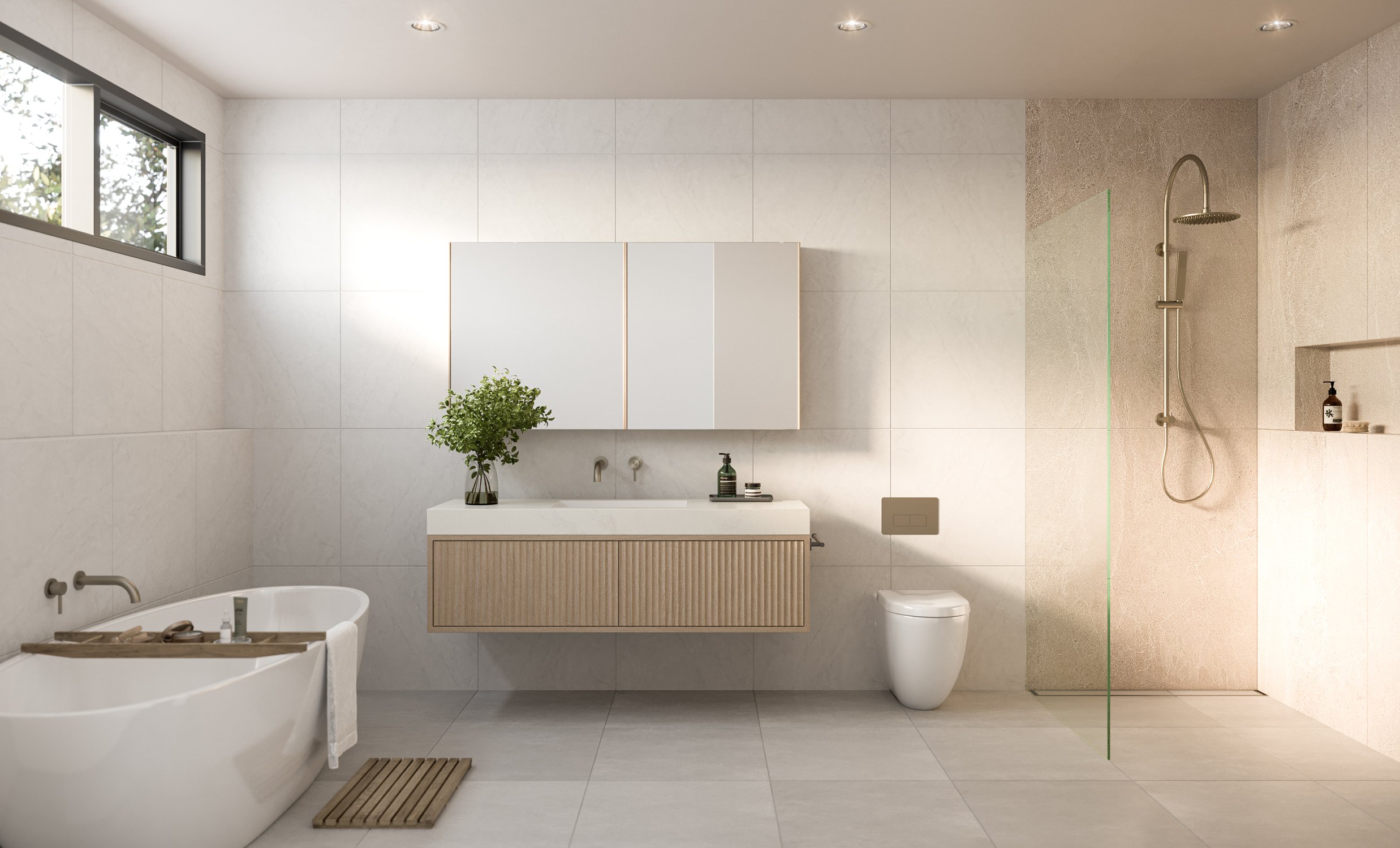 Modern bathroom with a freestanding bathtub, floating vanity with sink, wall-mounted toilet, glass-enclosed shower, and wall tiles. Decor includes a green plant on the vanity and minimalist accessories.