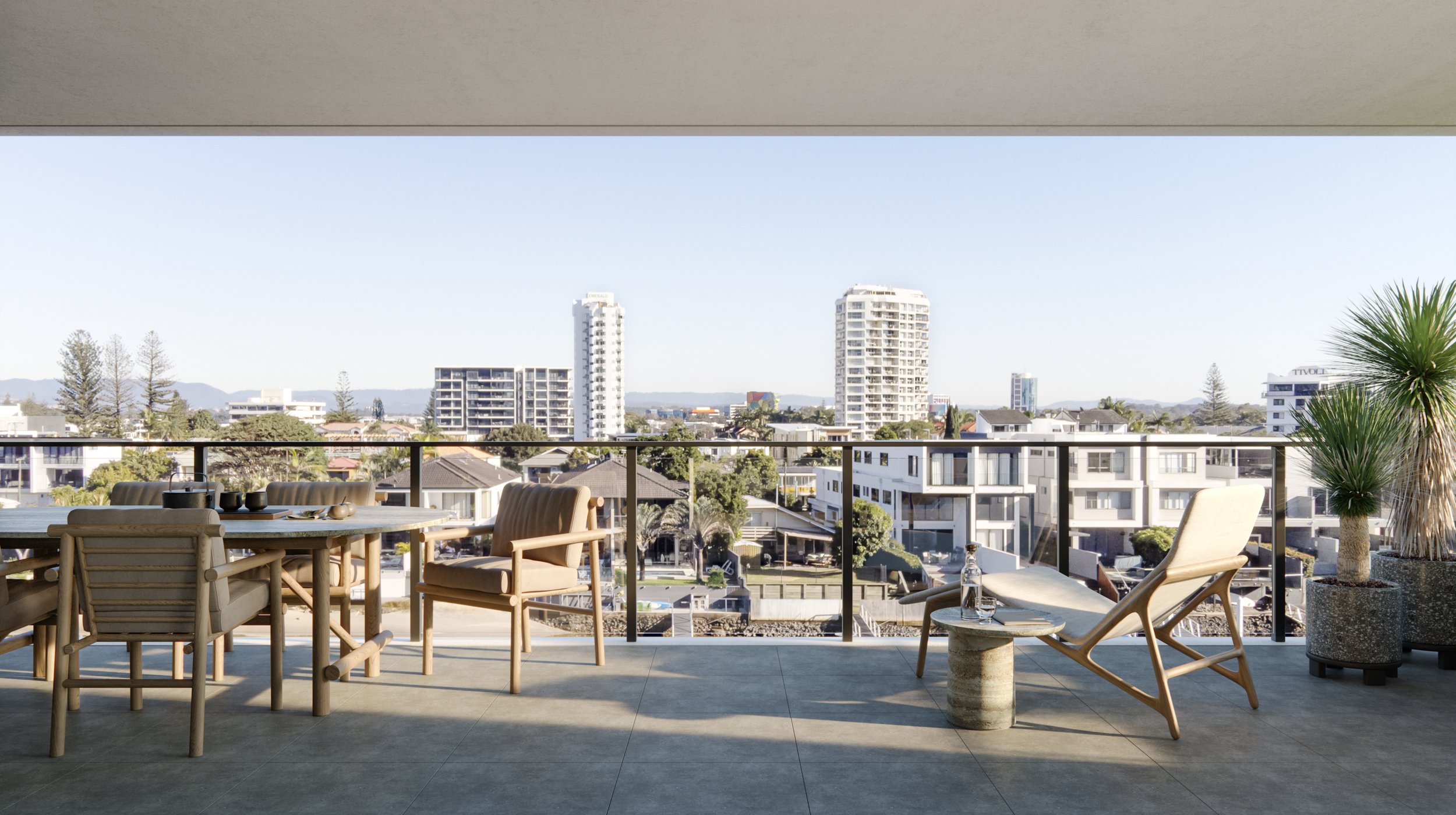 Modern balcony with outdoor furniture, city view