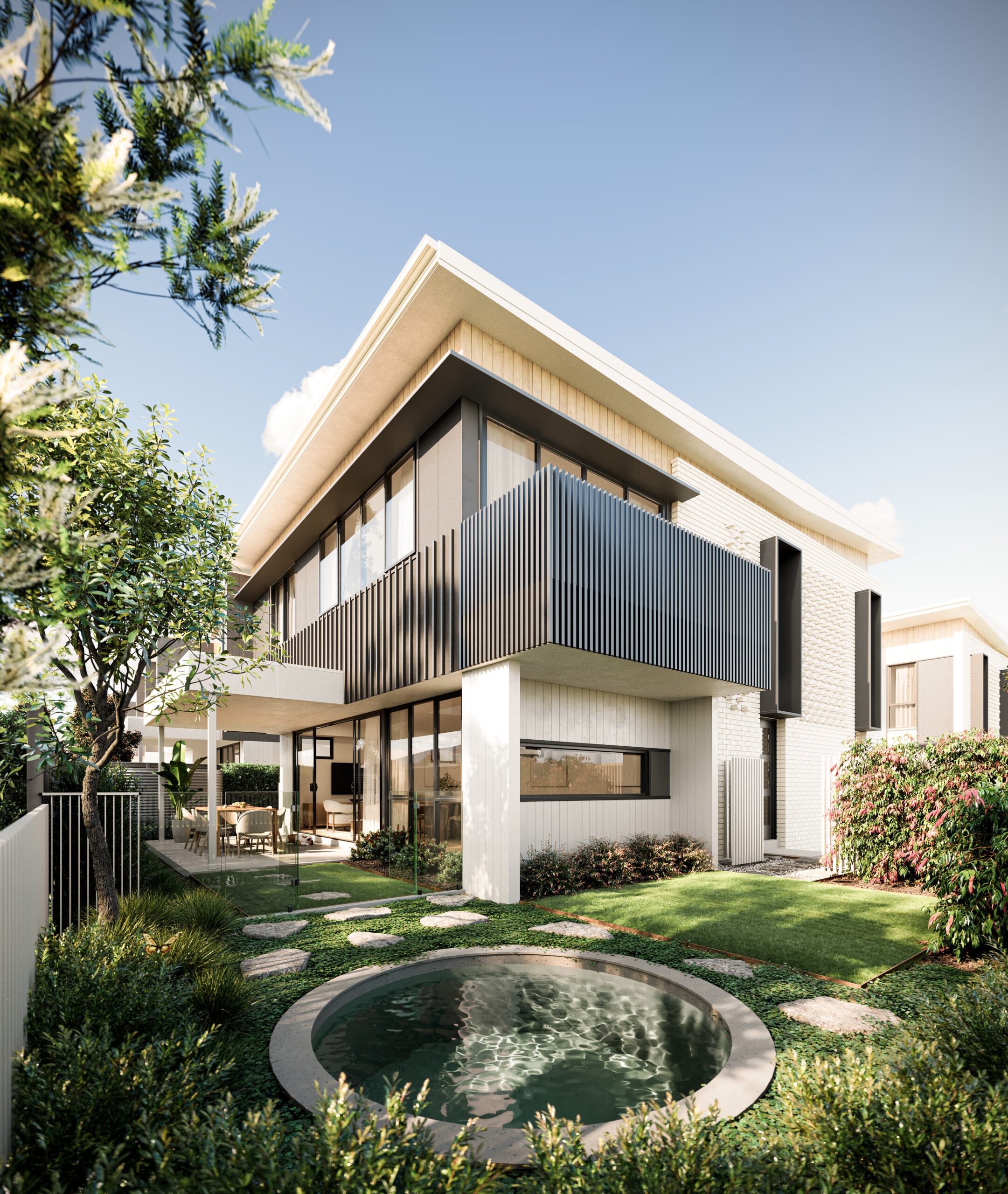 Modern two-story house with large windows, slatted exterior design, small round pool, and landscaped garden with stepping stones and greenery.