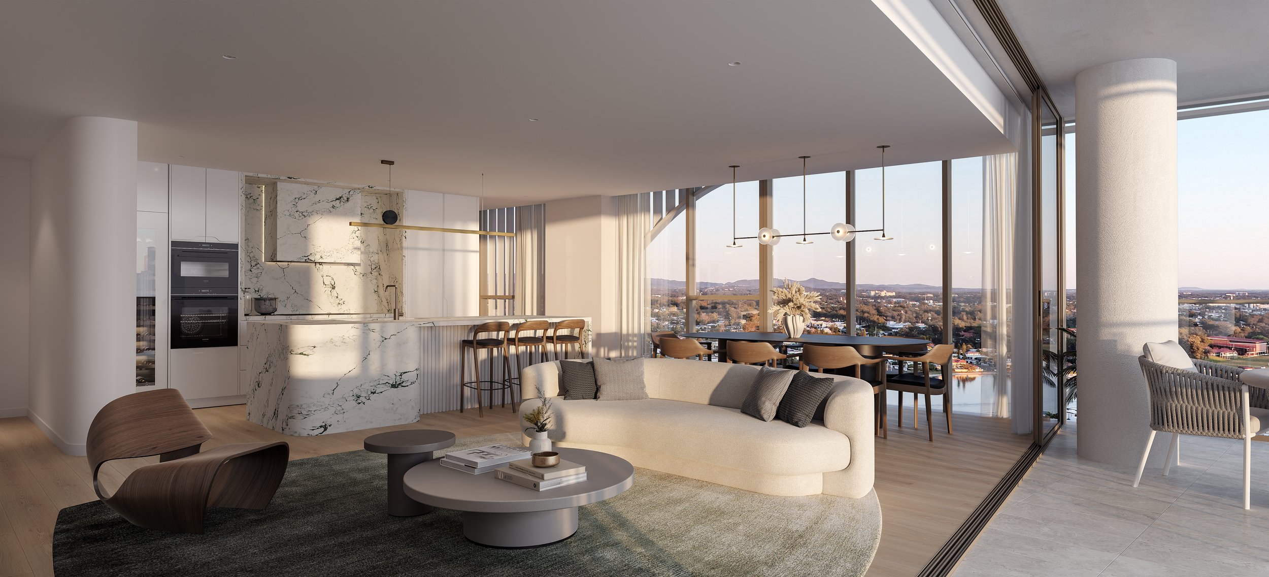 Modern open-plan living area with a kitchen, dining space, and seating area. Features marble accents, wooden floors, contemporary furniture, and large windows with city views.