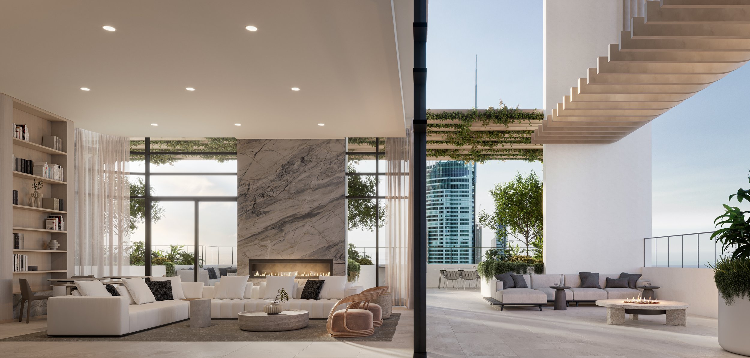 Modern indoor and outdoor living space with white sofas, marble fireplace, bookshelves, glass walls, and city view.