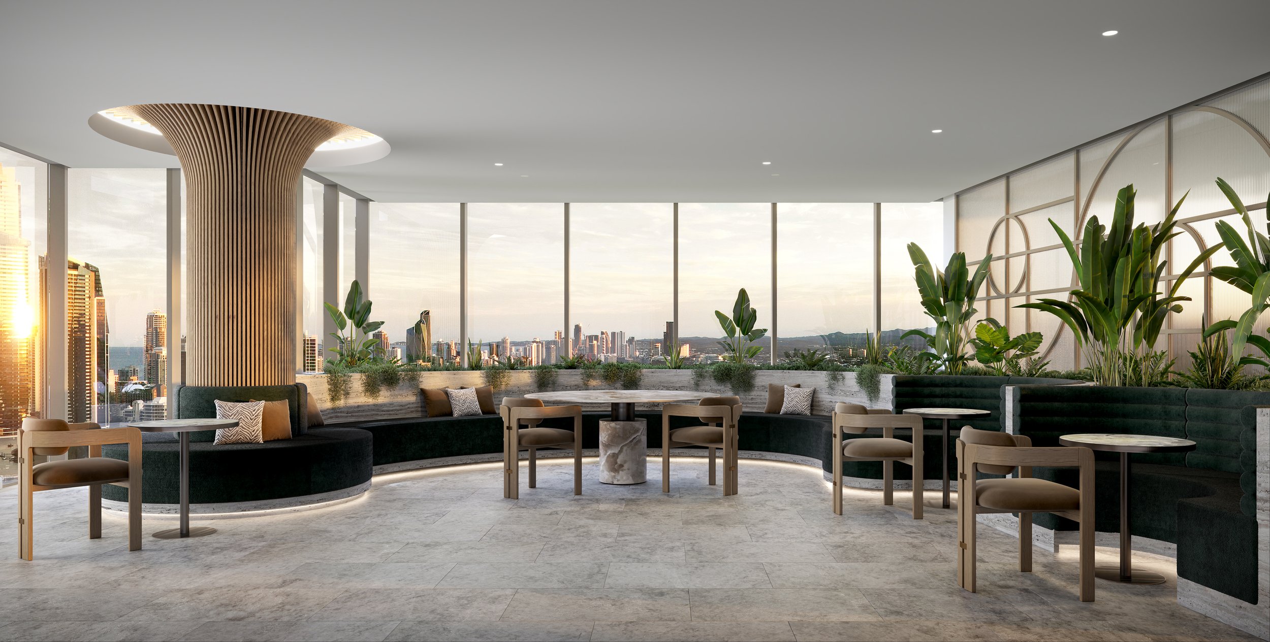 Modern lounge interior with panoramic city view, featuring round tables, cushioned seating, large potted plants, a textured column, and floor-to-ceiling windows.