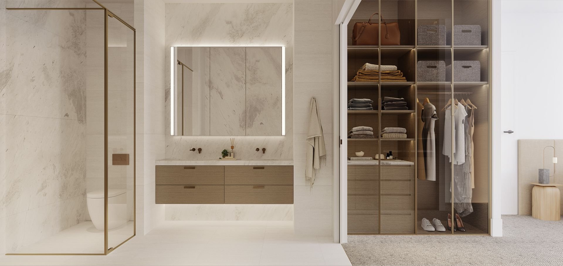 Modern bathroom and closet design showcasing a glass shower, marble tiles, illuminated mirror, wooden floating vanity, and an organized walk-in closet with clothes and accessories.