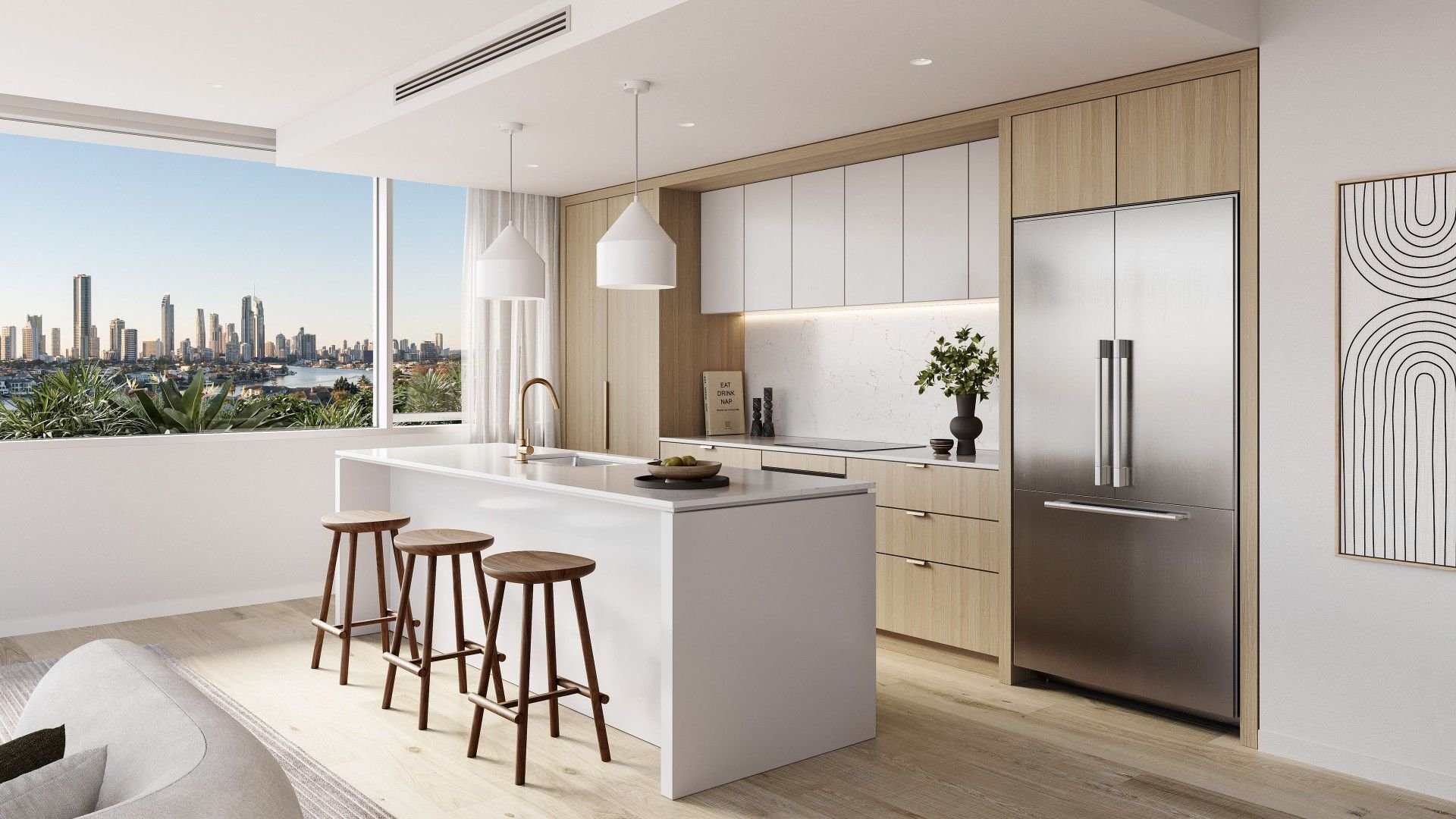 Modern kitchen interior with island, bar stools, pendant lights, stainless steel fridge, wooden cabinetry, and large window view of city skyline.