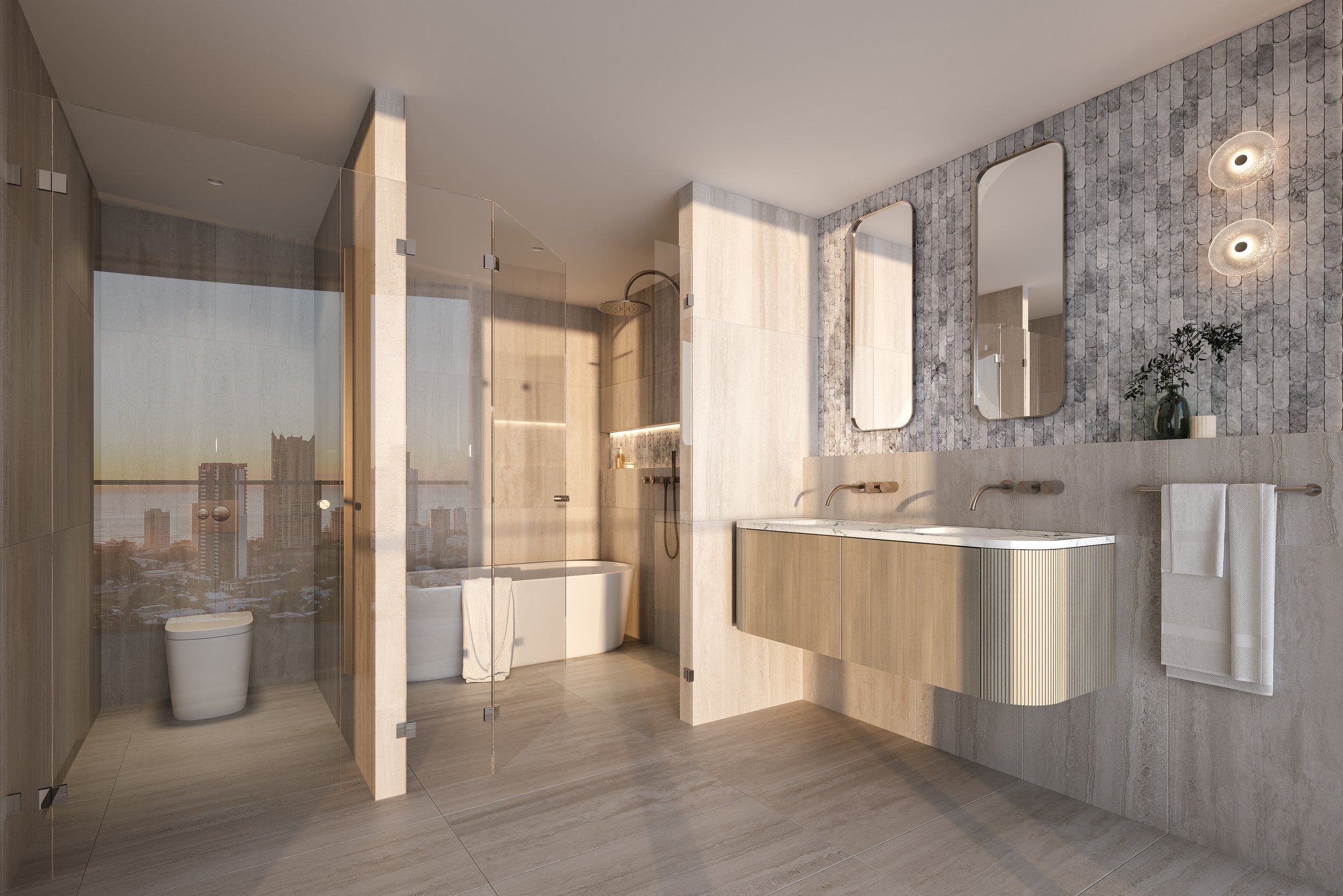 Modern bathroom with glass shower, freestanding bathtub, double vanity, and city view through large windows.