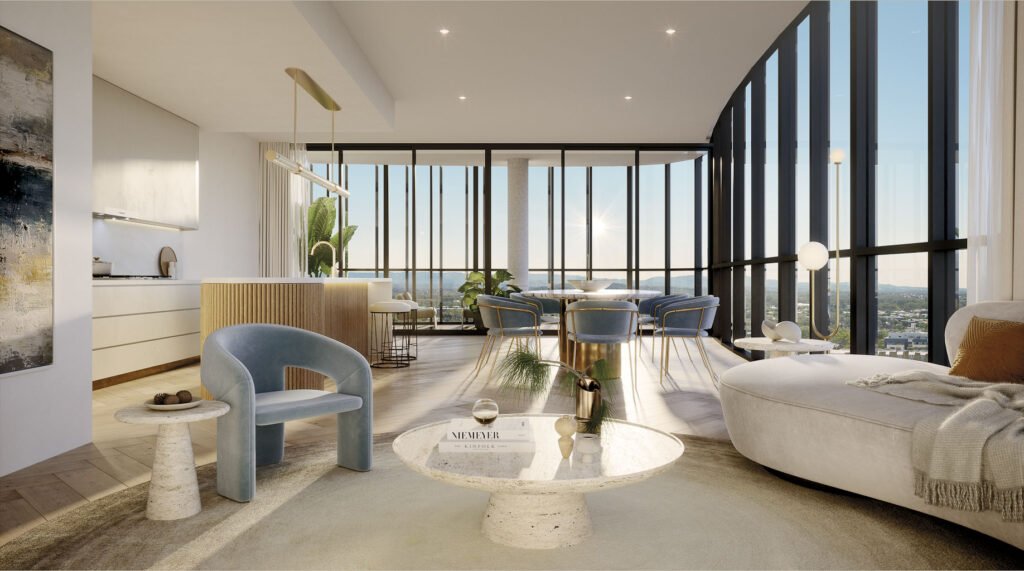 Modern living room and kitchen area with large windows, featuring a blue chair, a white sofa, a round coffee table, and contemporary decor. Sunlight fills the space.