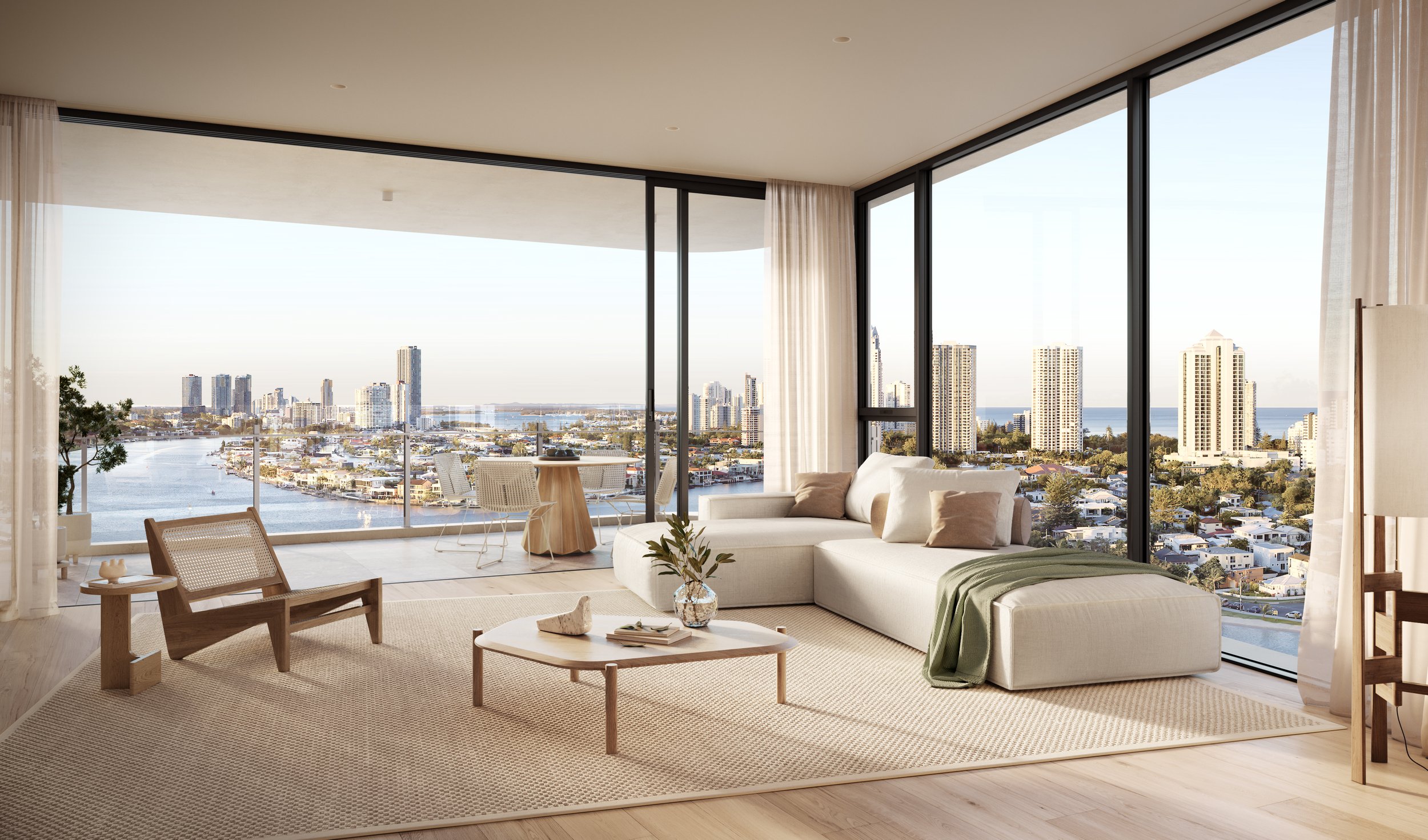 Modern living room with large windows overlooking a cityscape and a river, featuring a minimalist design with a sectional sofa, wooden chair, coffee table, and soft lighting.
