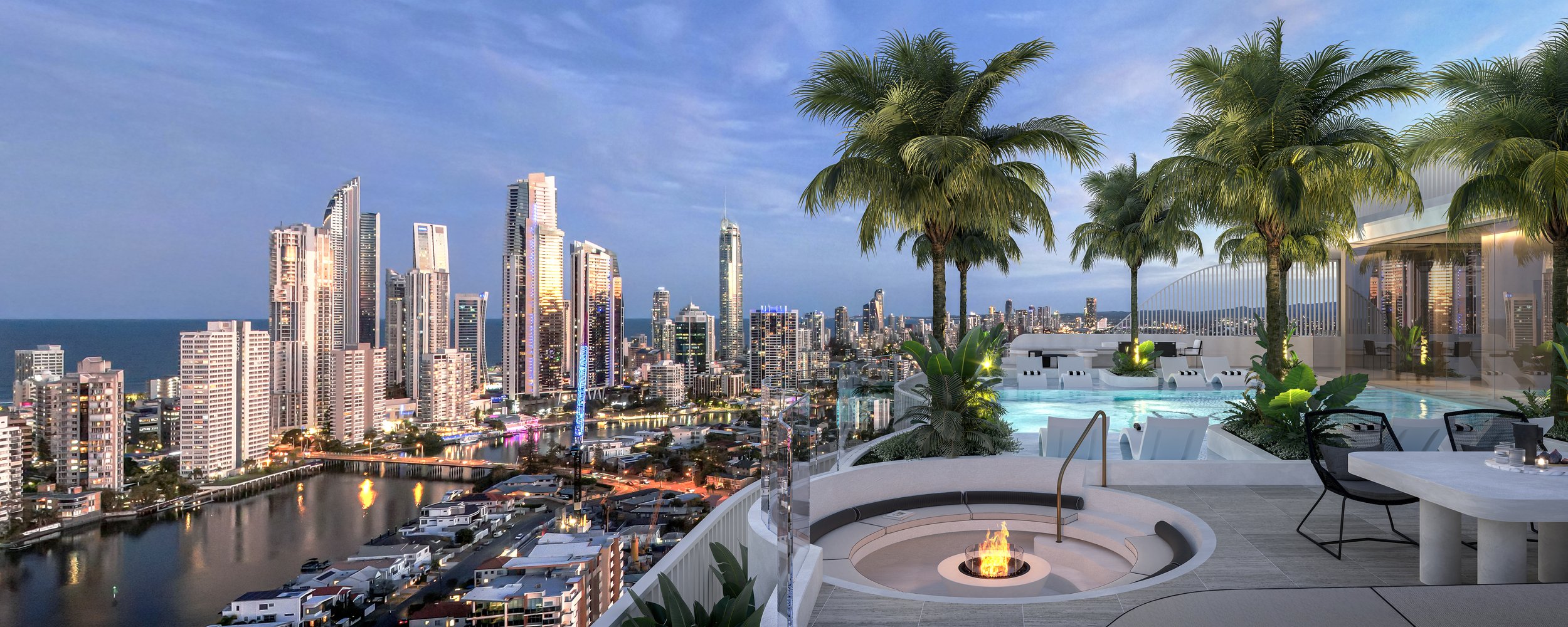 Rooftop view of a modern city skyline with tall buildings and ocean in the distance, featuring a luxurious terrace with palm trees, pool, seating area with a fire pit, and tables with chairs.