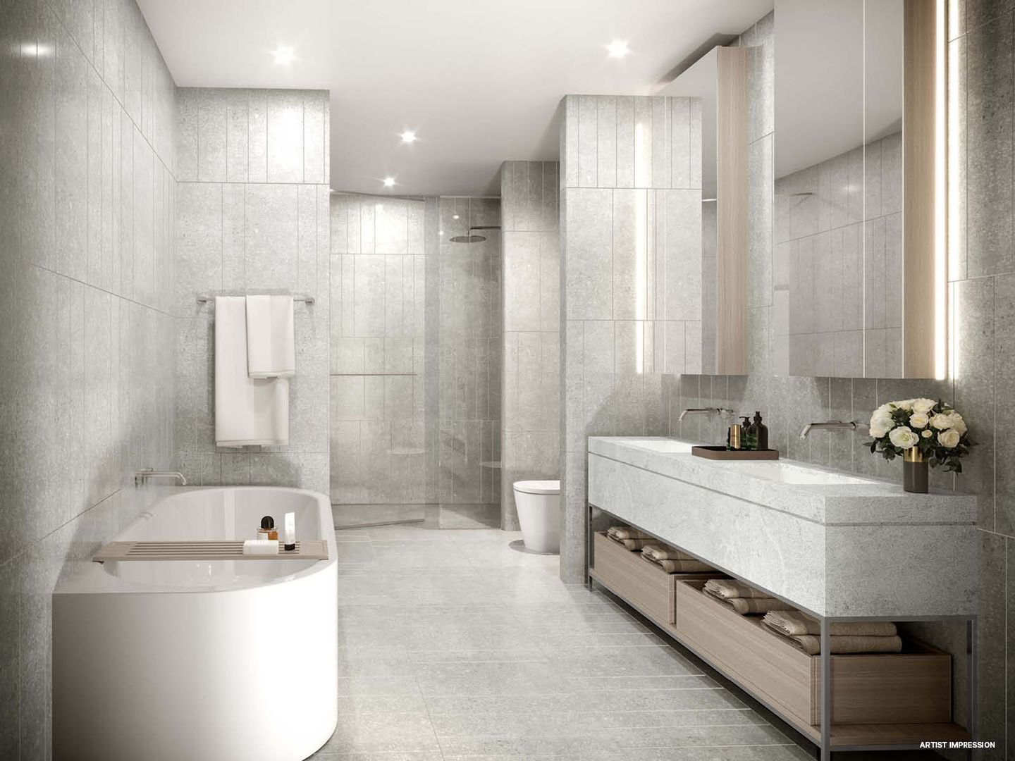 Modern bathroom with freestanding bathtub, double sink vanity with mirrors, glass shower enclosure, and decorative elements.