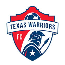 Texas Warriors FC logo featuring a knight in armor with a sword, star, and shield design in red, white, and blue.
