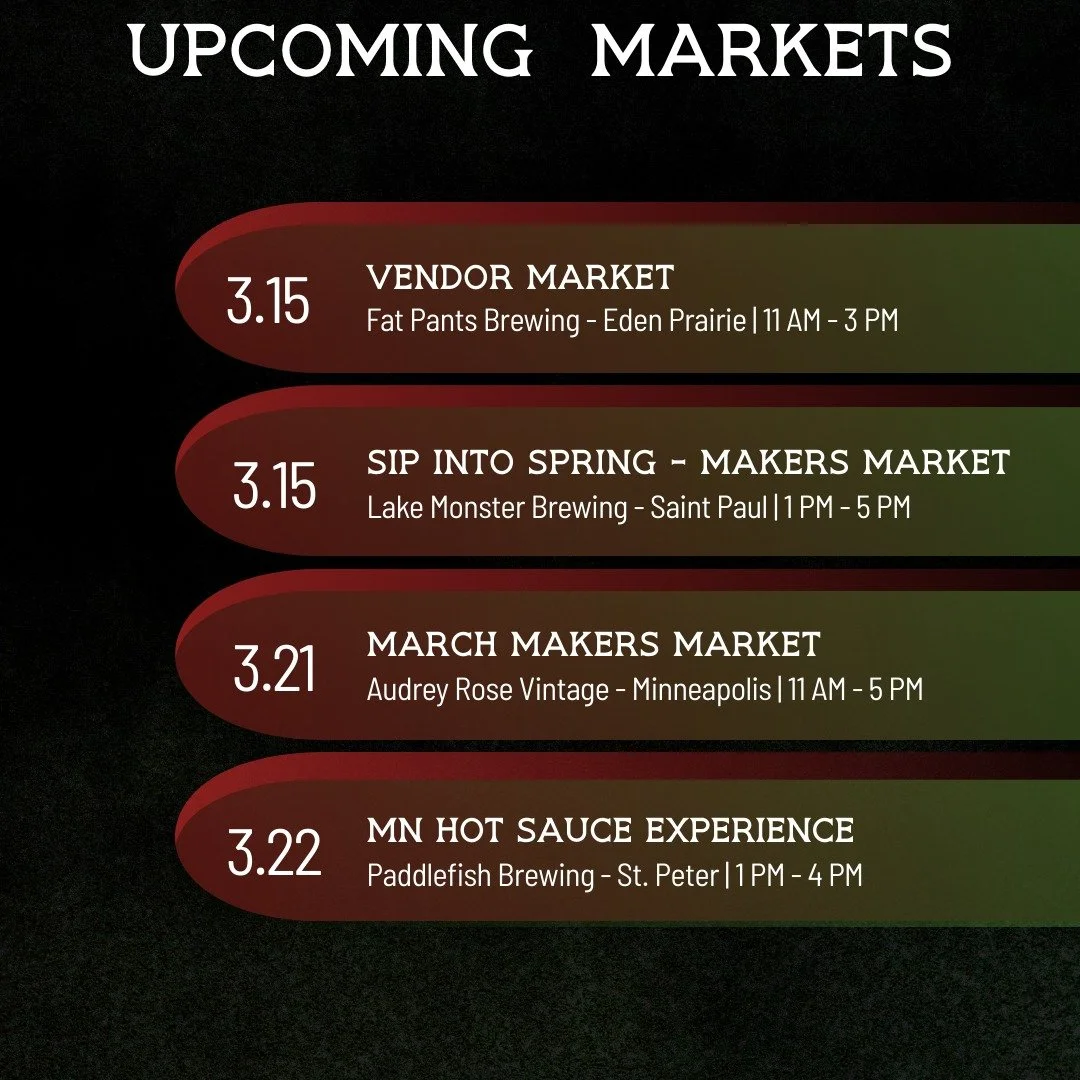 We&rsquo;re excited to share where you can find us this month.

Along with our regular lineup, we&rsquo;ll be bringing six new sauces at our upcoming markets. These new flavors have been in the works for over 6 months.

If you enjoy small-batch, hand