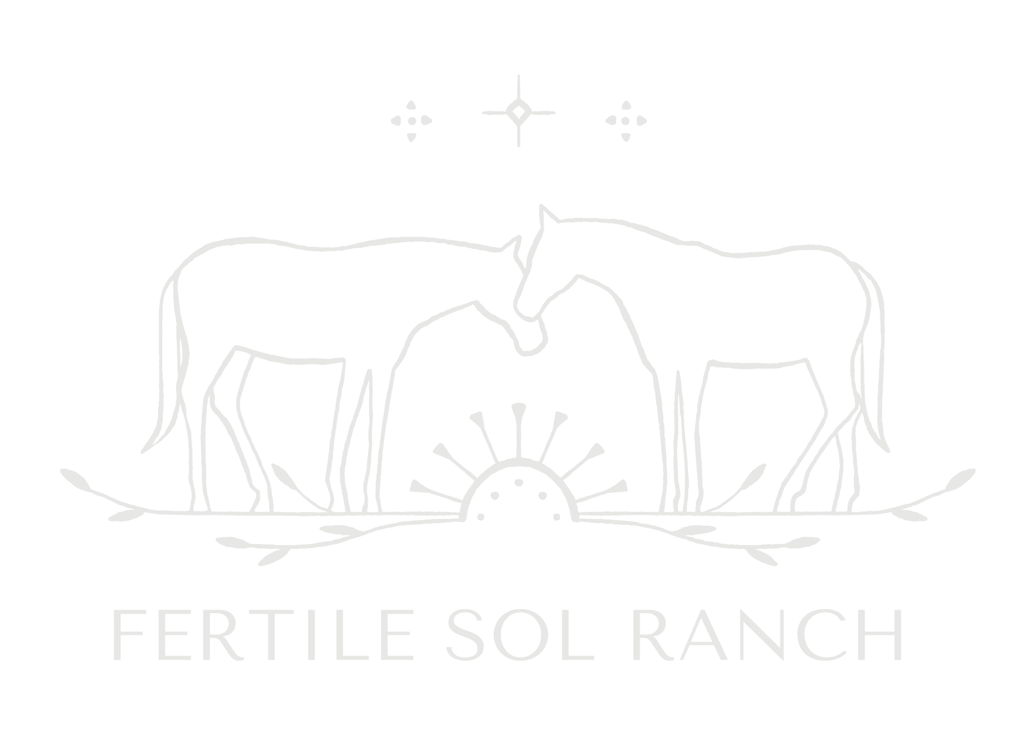 Black background with white line drawing of two horses touching heads, a rising sun between them, and plants framing the horses. Text beneath reads 'Fertile Sol Ranch'.