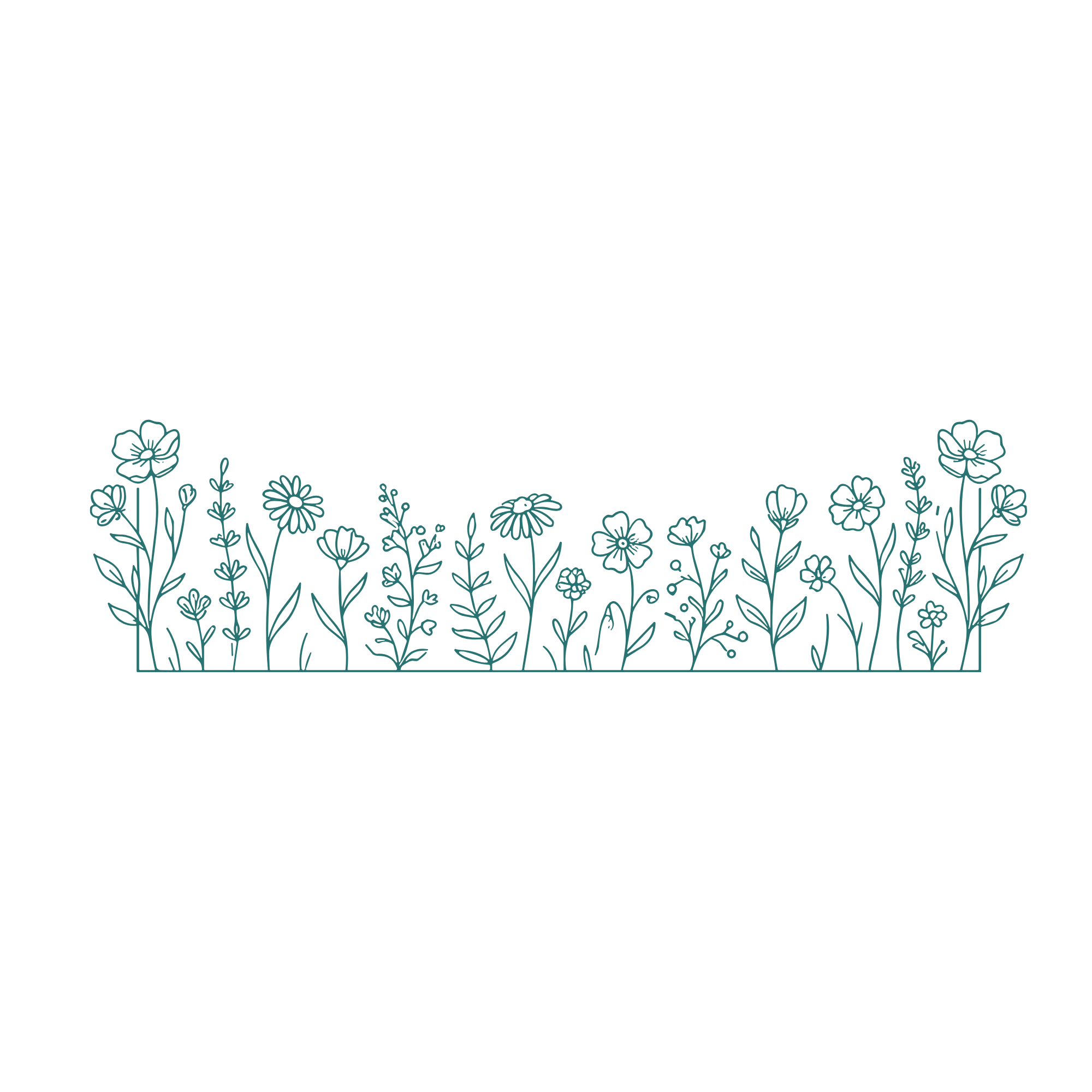 Black background with a border of hand-drawn blue flowers along the bottom edge.