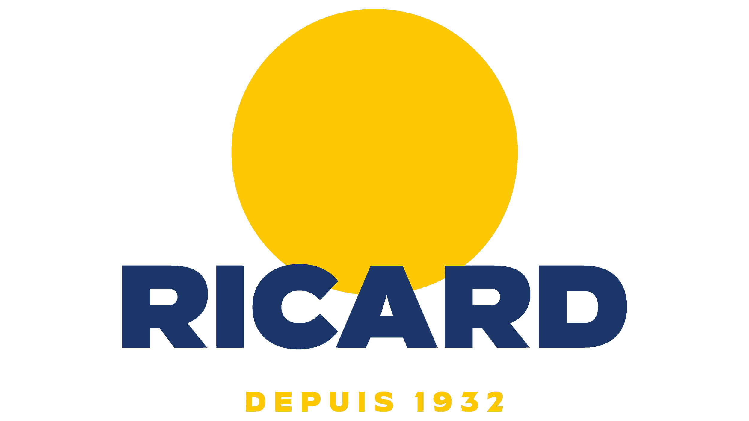 Logo with a large yellow circle above the word "RICARD" in bold navy blue letters, and the words "DEPUIS 1932" in smaller yellow letters below.