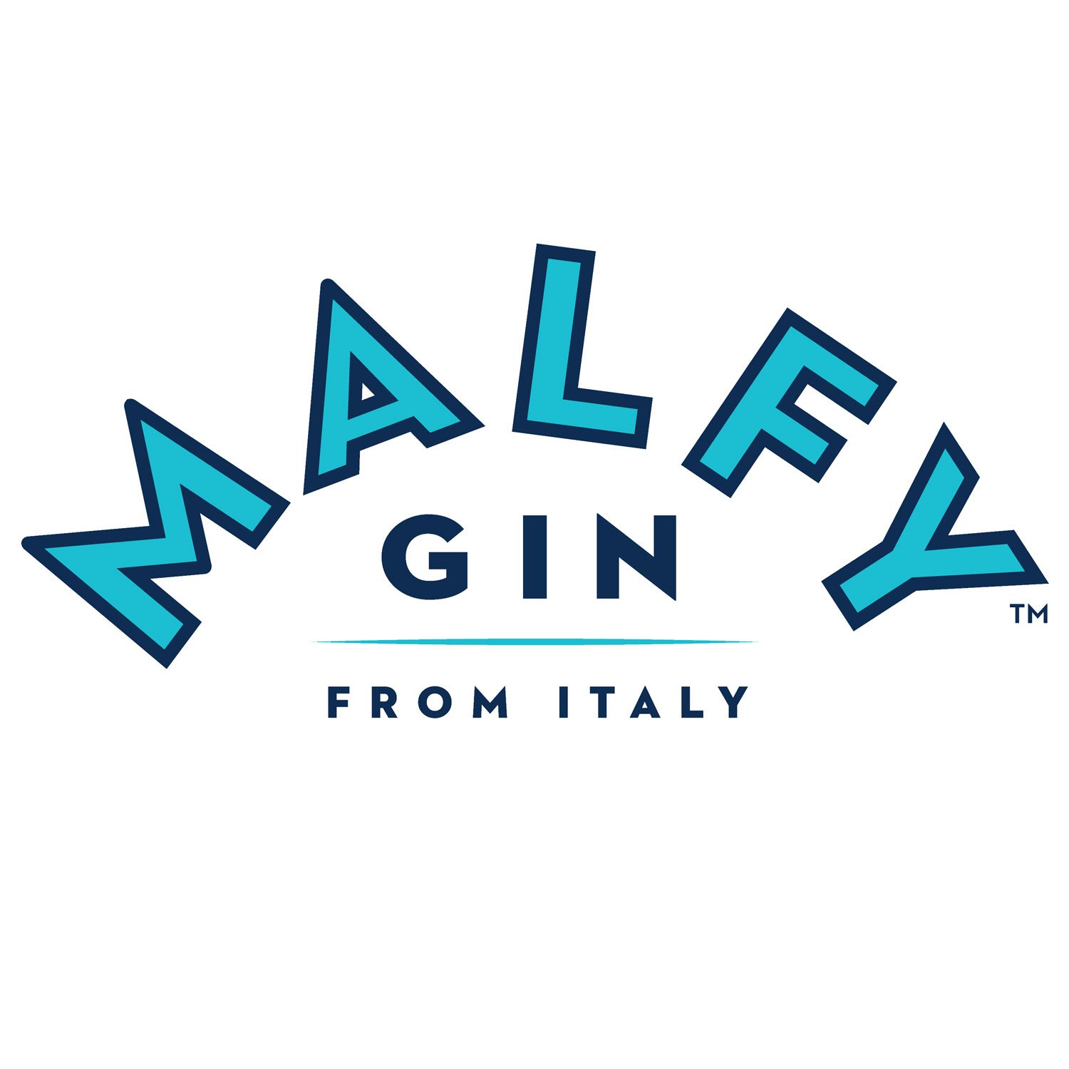 Logo for Malfy Gin from Italy with blue, stylized text.