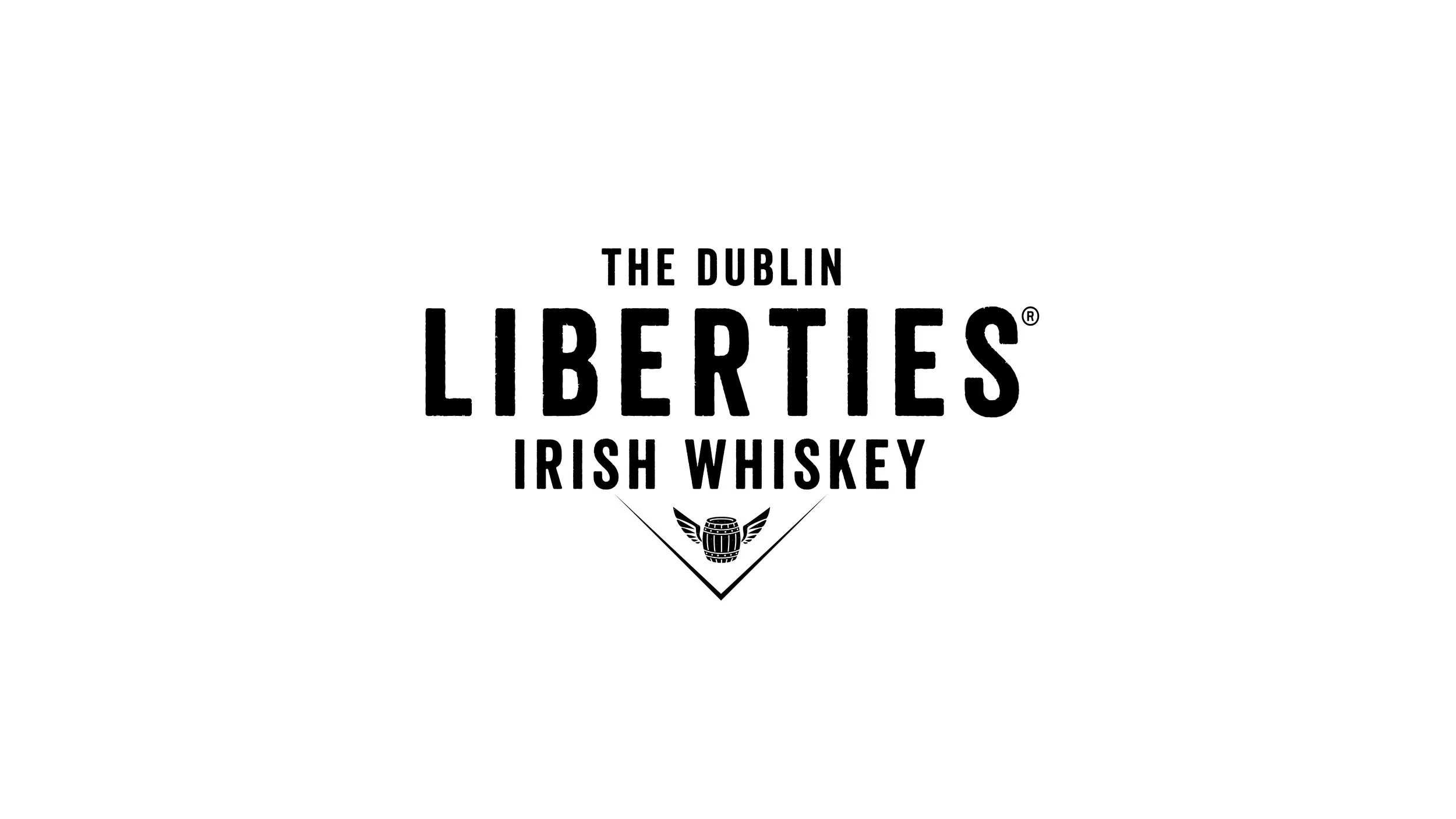 Logo for The Dublin Liberties Irish Whiskey with bold text and a small barrel illustration with wings.