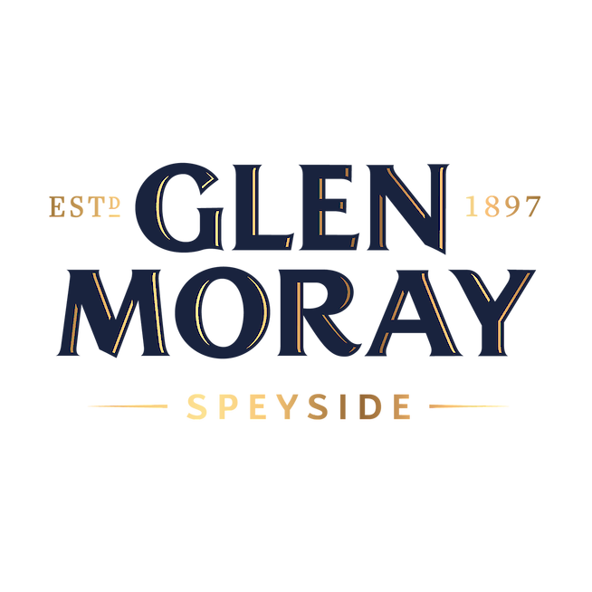 Stylized logo for Glen Moray Speyside, established in 1897, with navy blue and gold lettering on a black background.