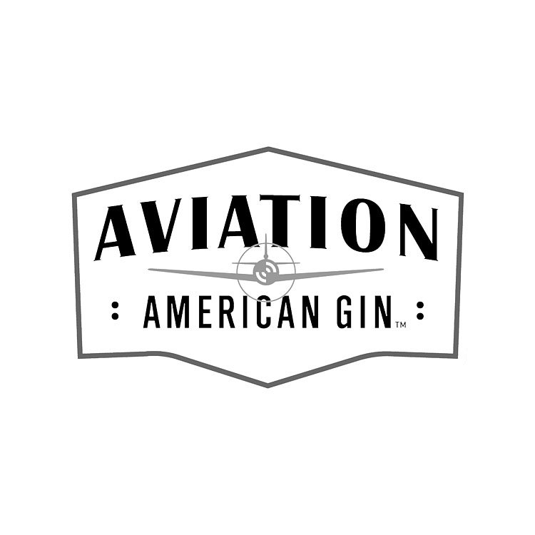 Logo for Aviation American Gin with a stylized airplane and target symbol in black and white.