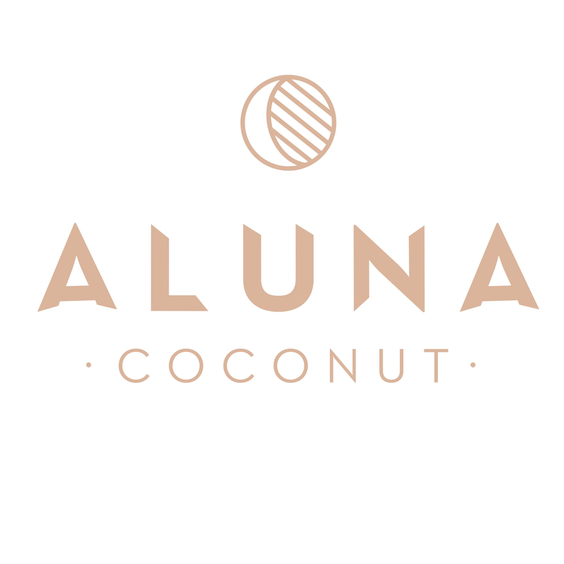 Logo with a stylized coconut and the text "ALUNA COCONUT" in beige color.