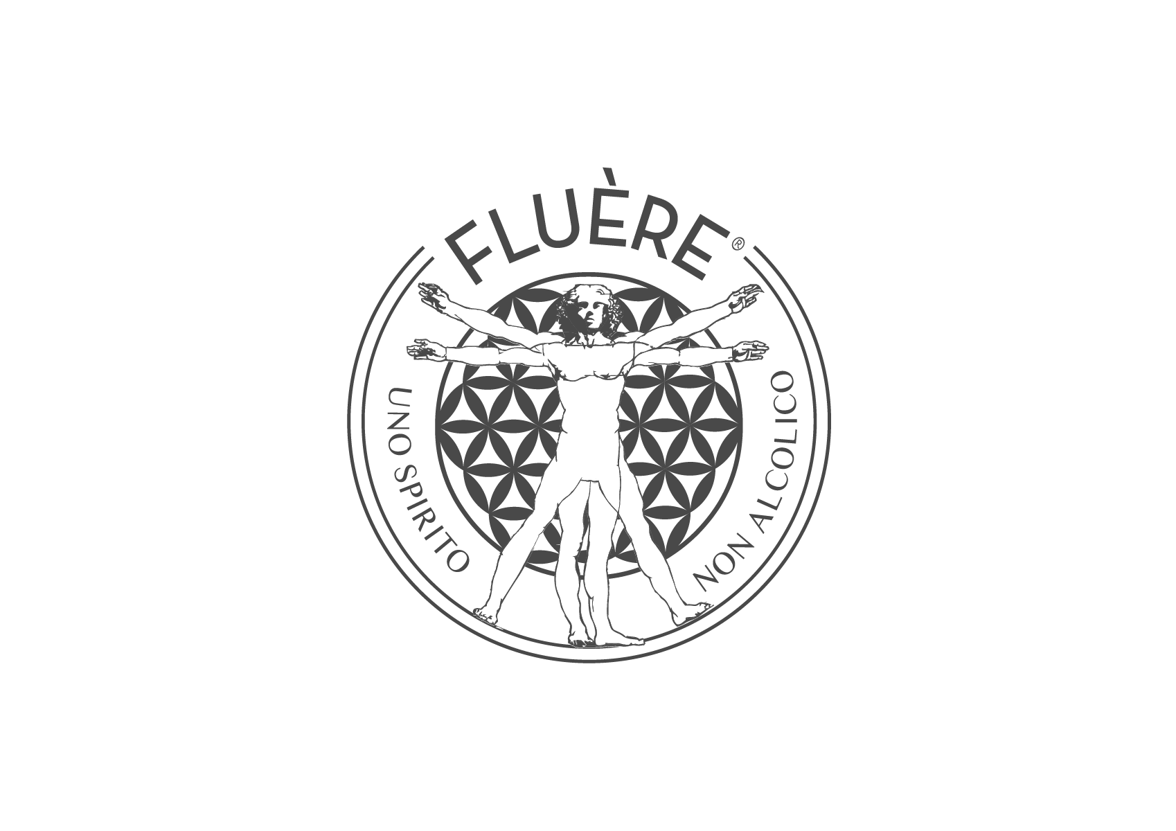 Black logo with a circular design, featuring a human figure with multiple arms, the Vitruvian Man, surrounded by geometric patterns and the text "FLUÈRE" at the top and "UN SOLO SPIRITO, NON ALL'ALCOOLICO" around the circle.