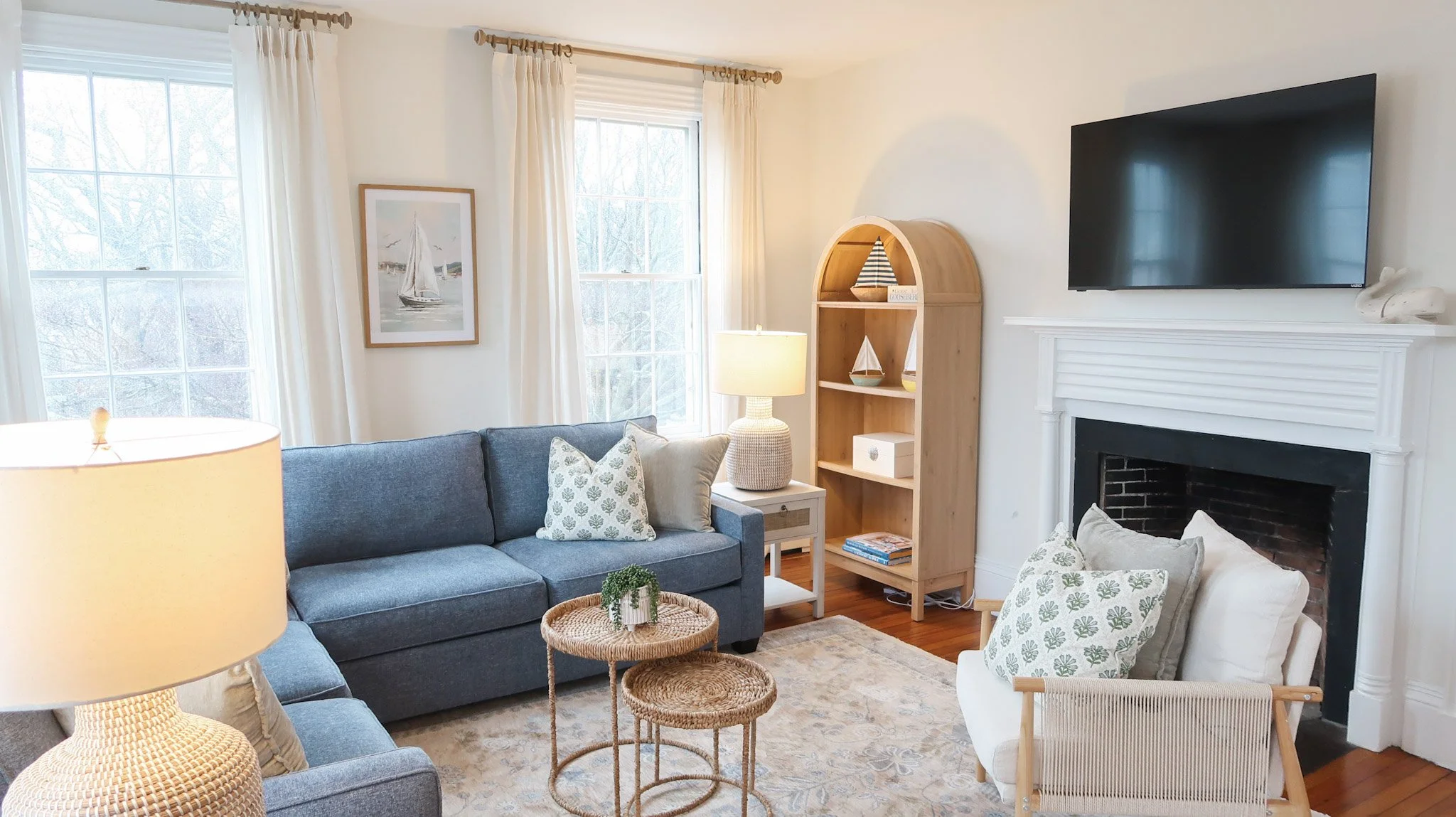 Coastal living room interior design with neutral palette by SPACE. Design