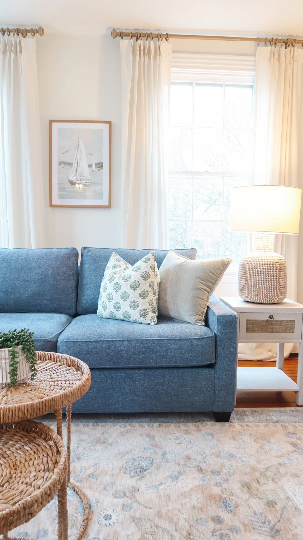 Coastal bedroom interior design with neutral palette by SPACE. Design